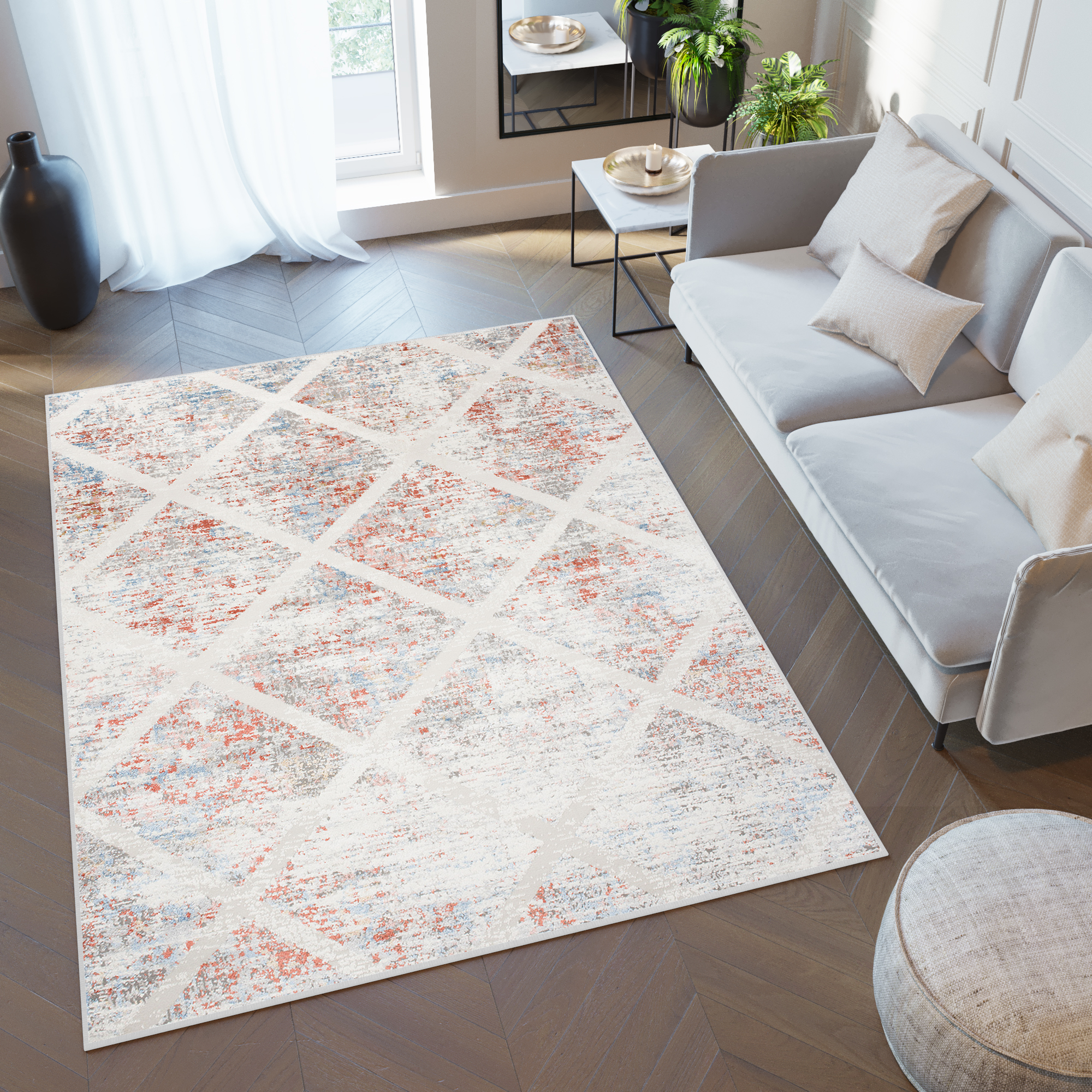 Teppich Valley Grau Lachsfarbe Geometrisch Gitter