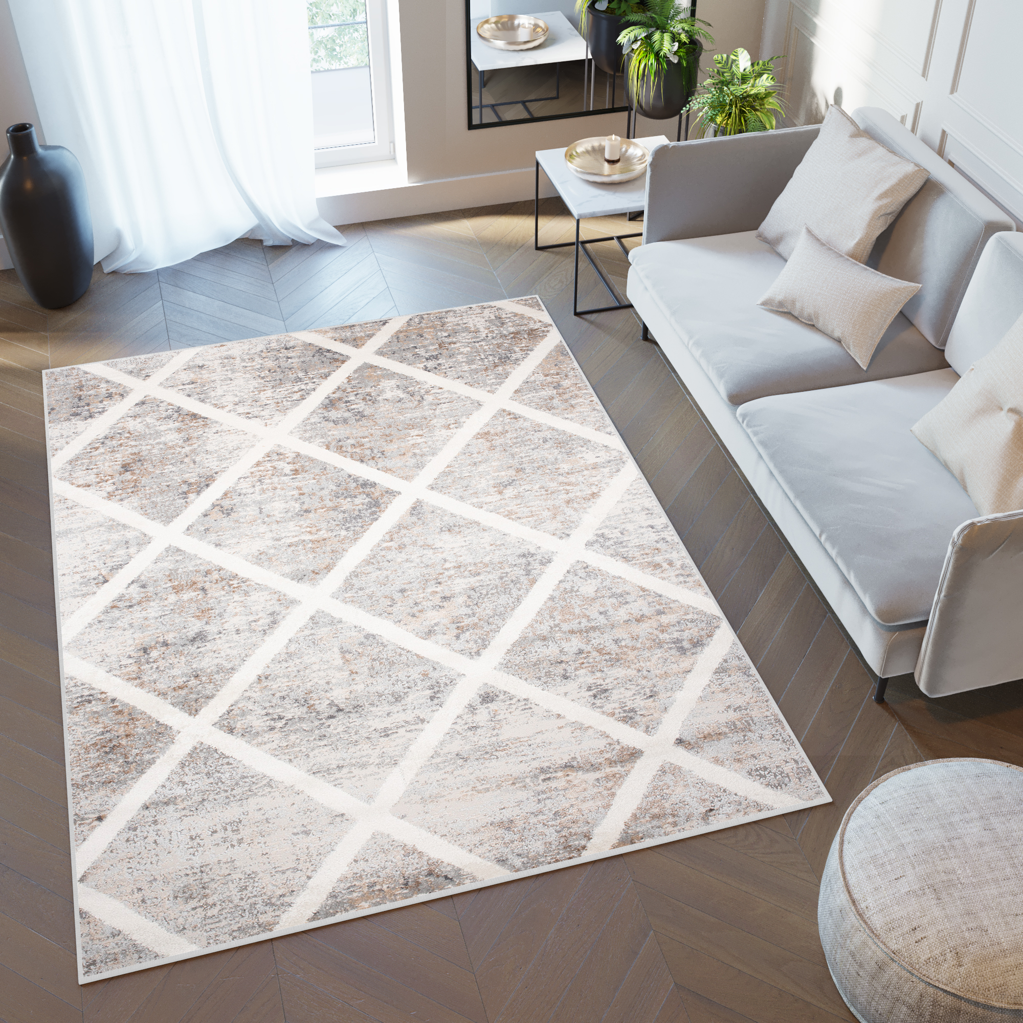 Teppich Valley Grau Kupferfarbe Geometrisch Gitter
