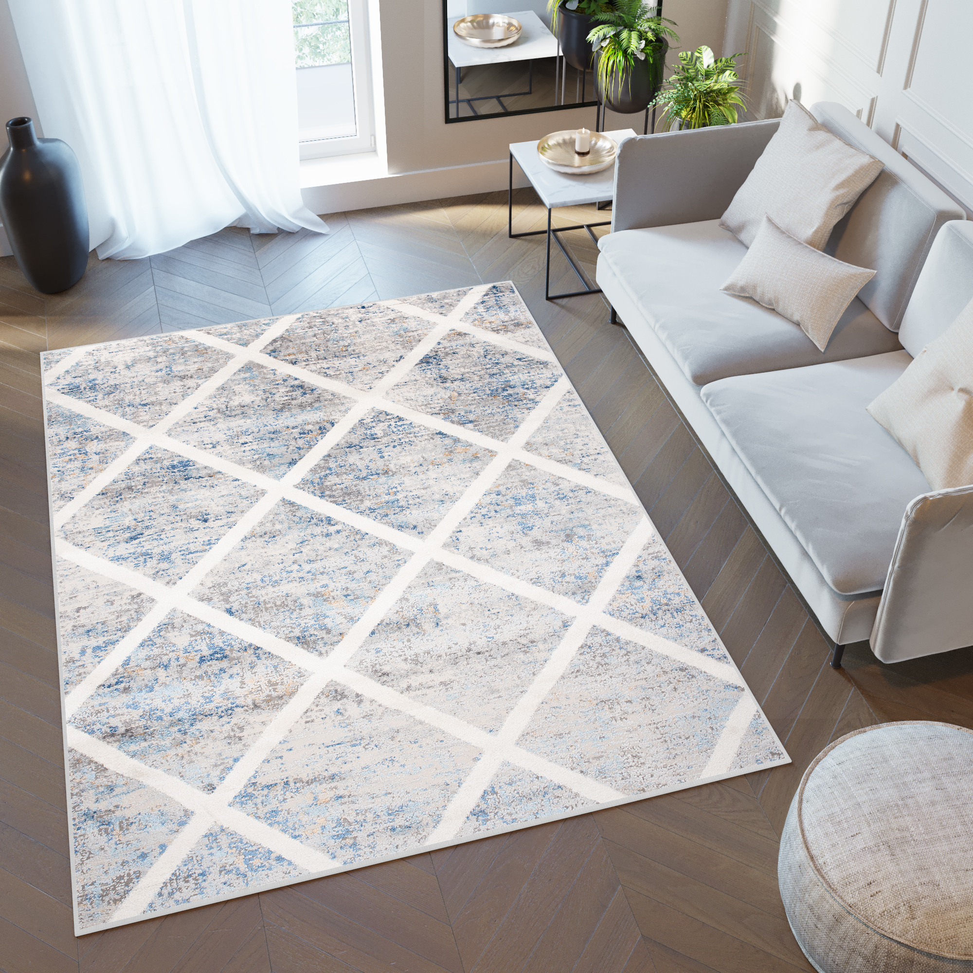 Teppich Valley Grau Blau Geometrisch Gitter
