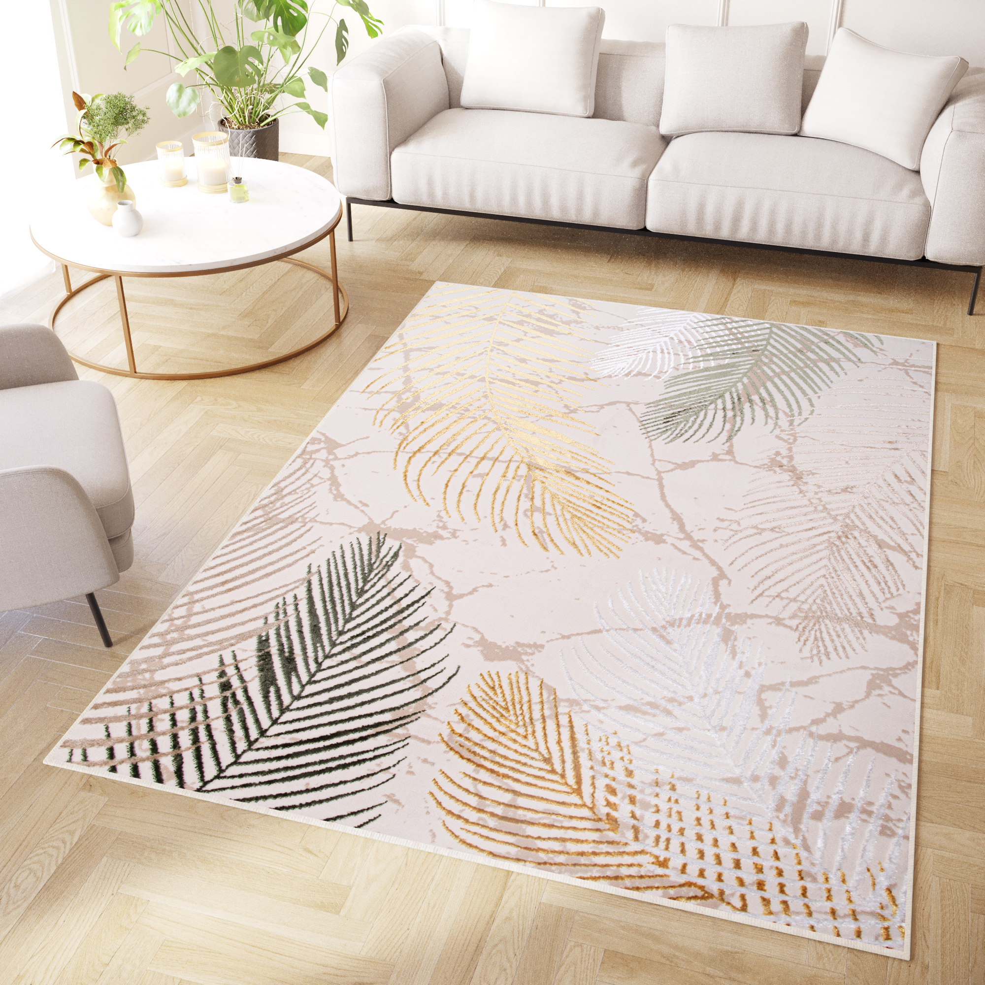 Teppich Crystal Grün Gold Creme Blätter 3D Effekt