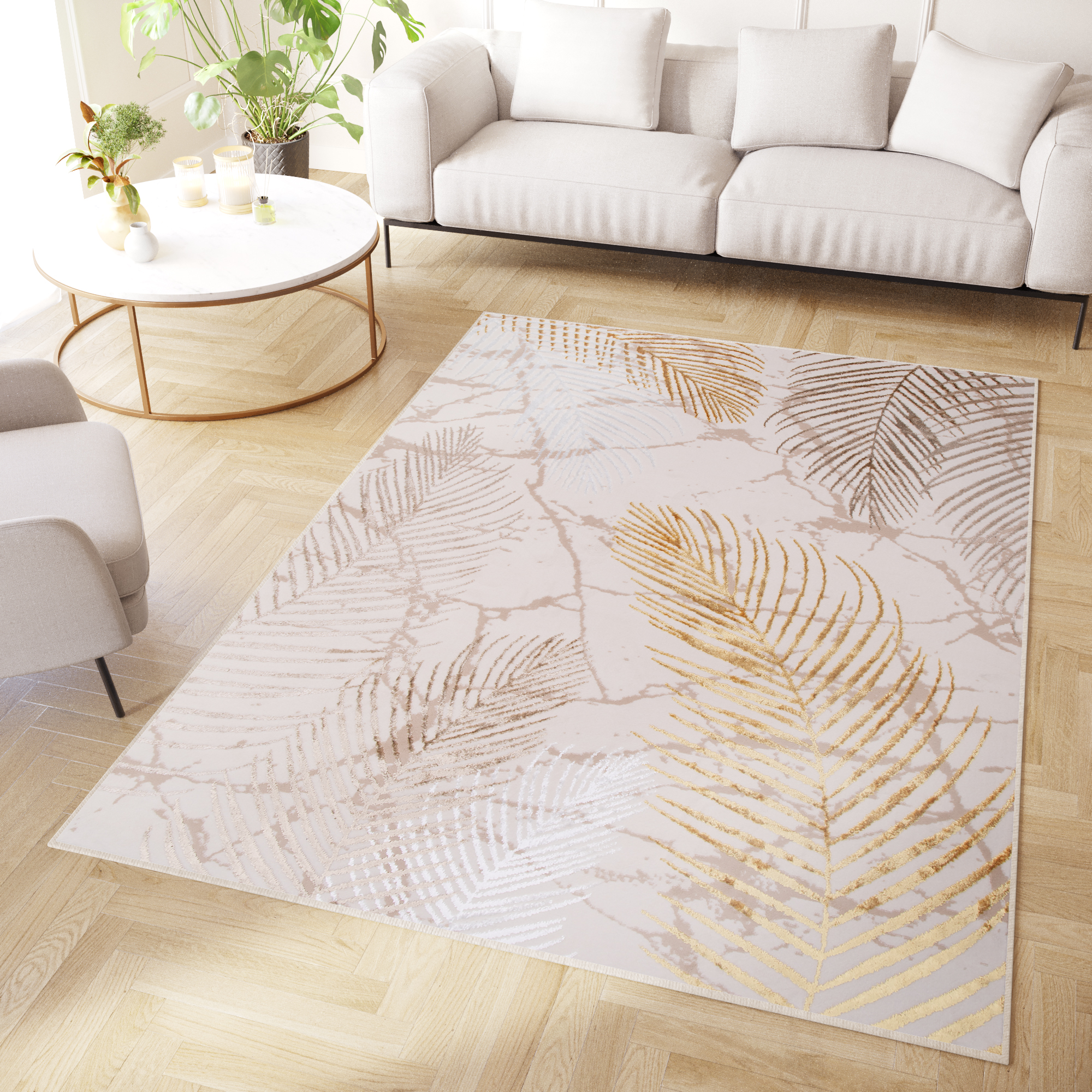 Teppich Crystal Gold Braun Creme Blätter 3D Effekt