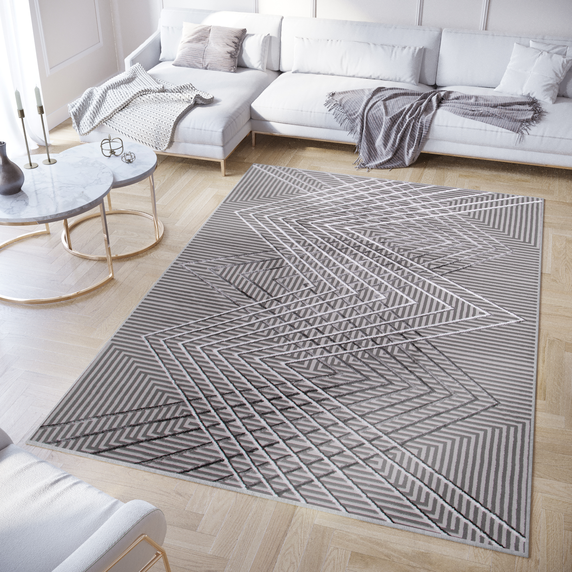 Teppich Crystal Grau ZigZag Geometrisch 3D Effekt