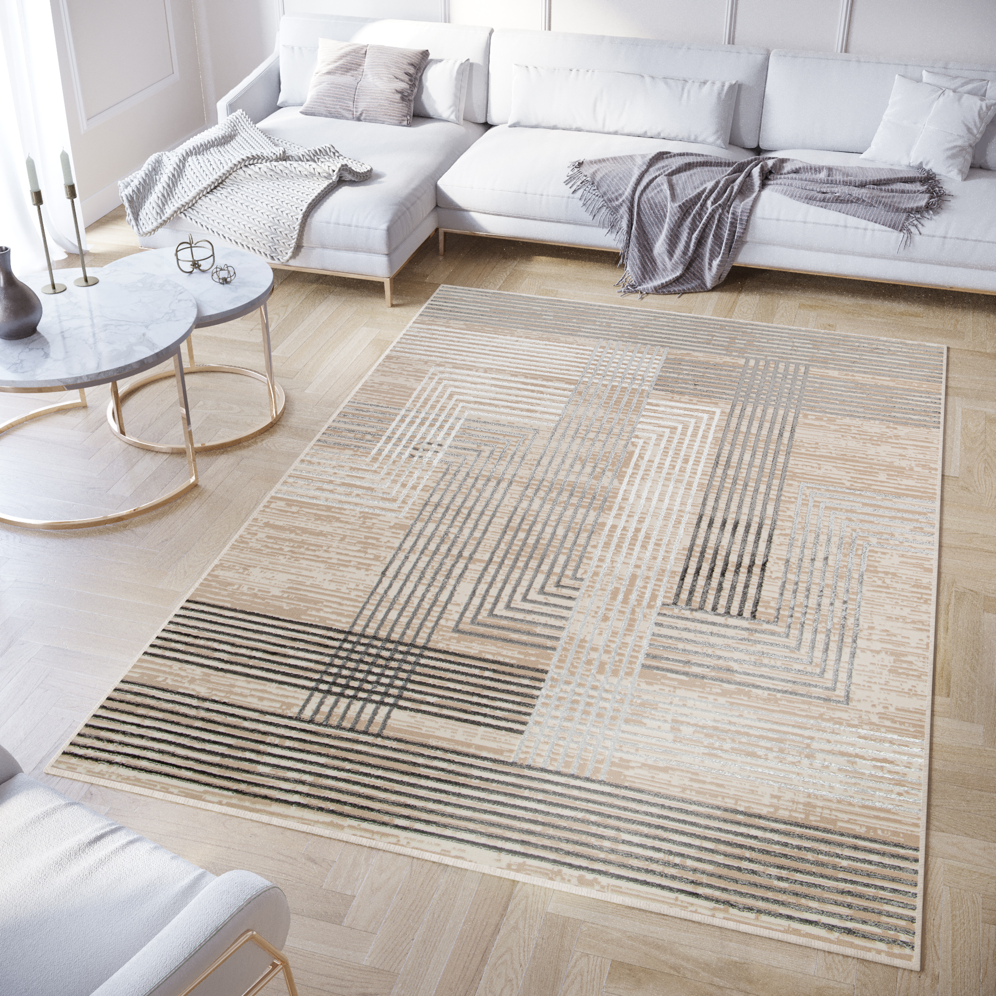 Teppich Crystal Grau Beige Creme Streifen 3D Effekt