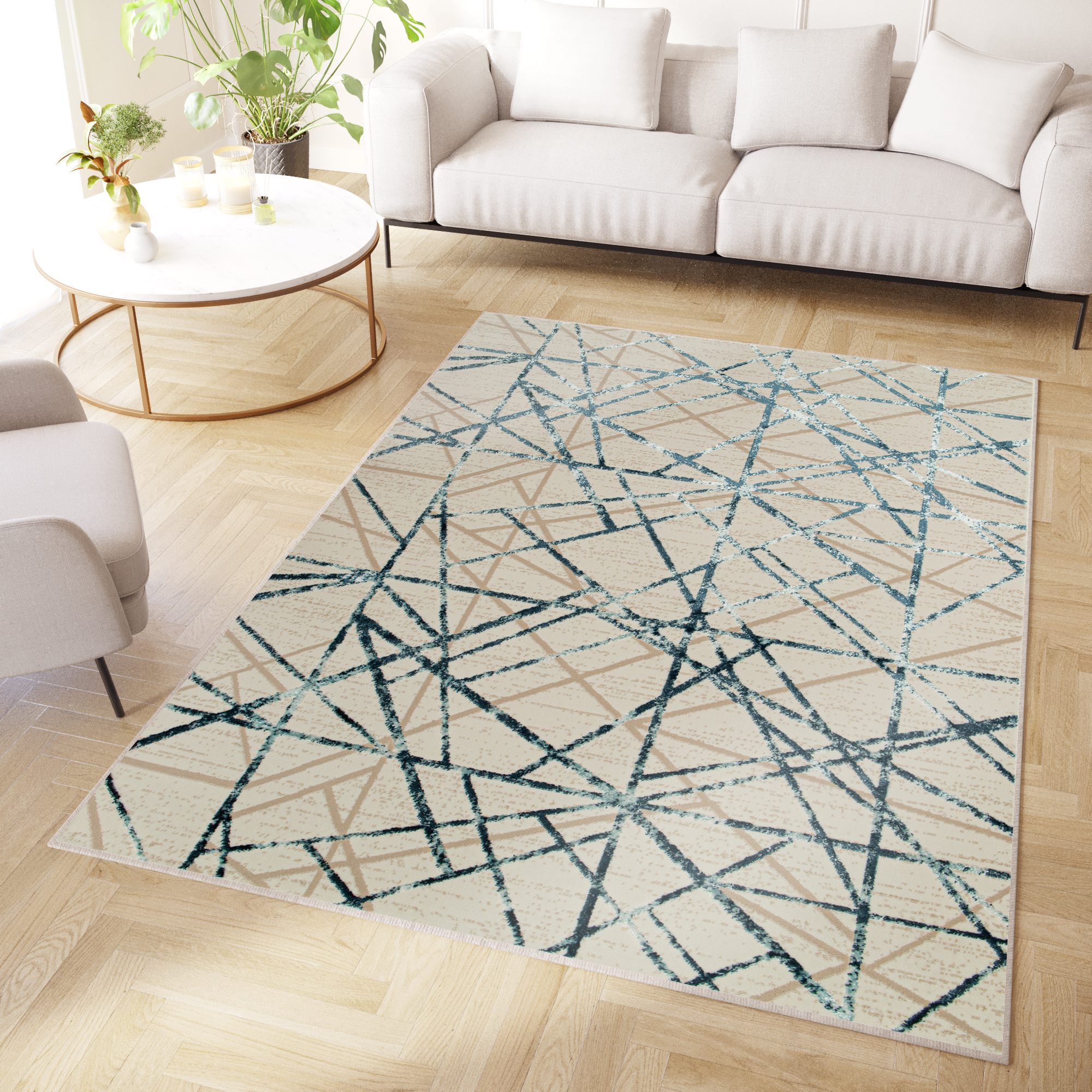 Teppich Crystal Blue Beige Abstrakt Linien 3D Effekt