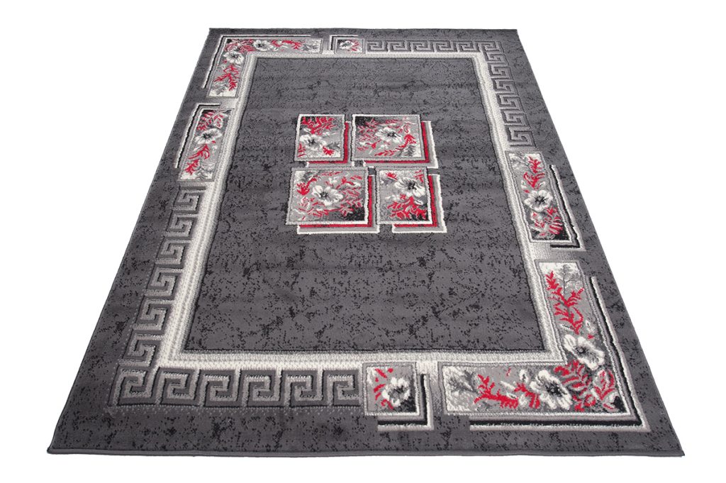 Teppich Dream Grau Rot Blumen Quadrate