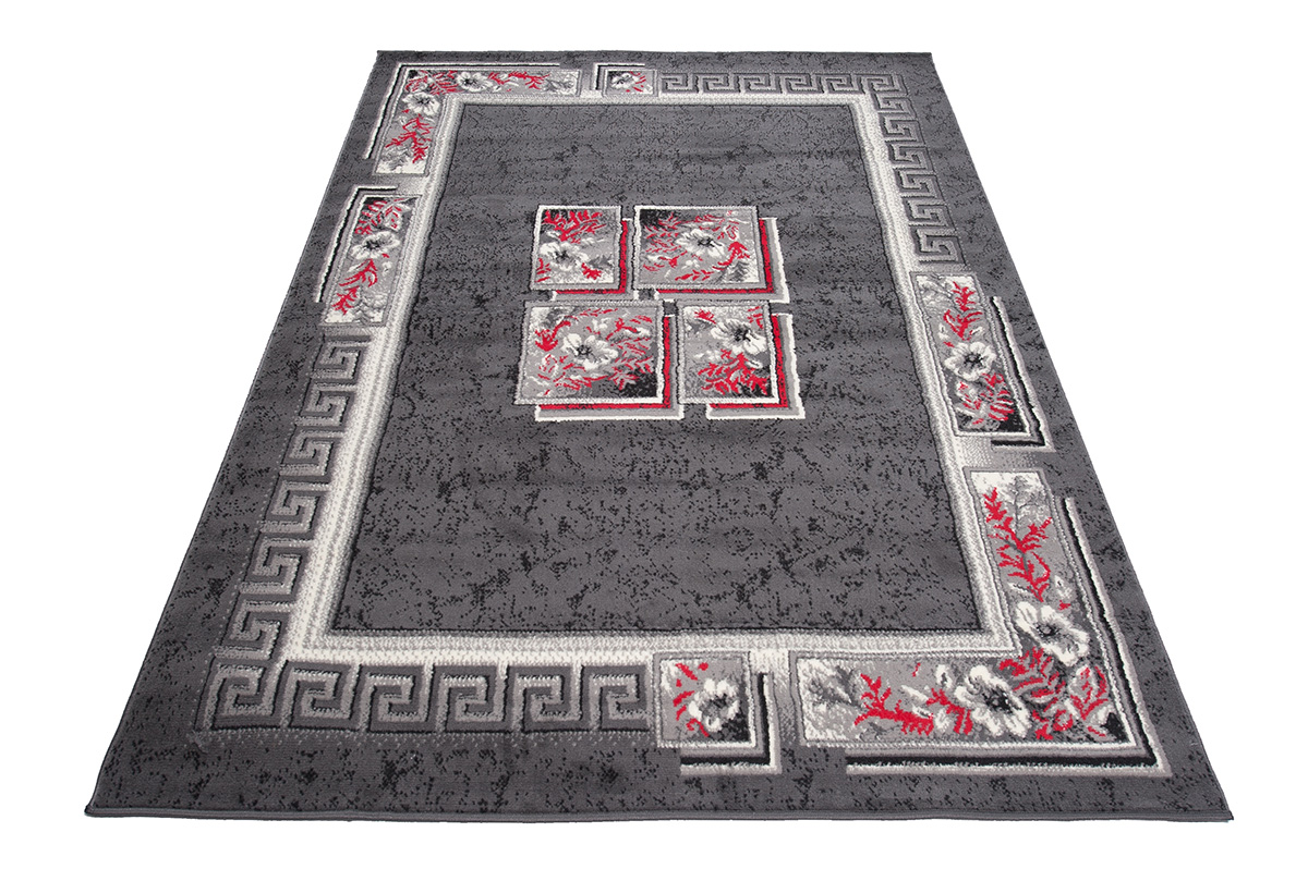 Teppich Dream Grau Rot Blumen Quadrate