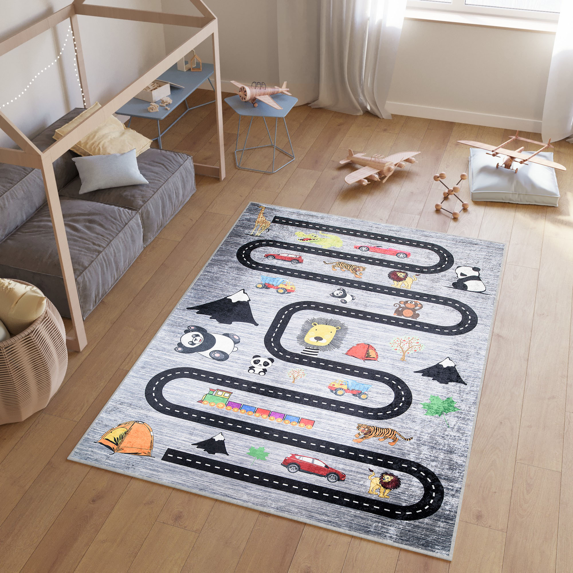 Teppich Emma Kinderzimmer Grau Straße Anti-Rutsch