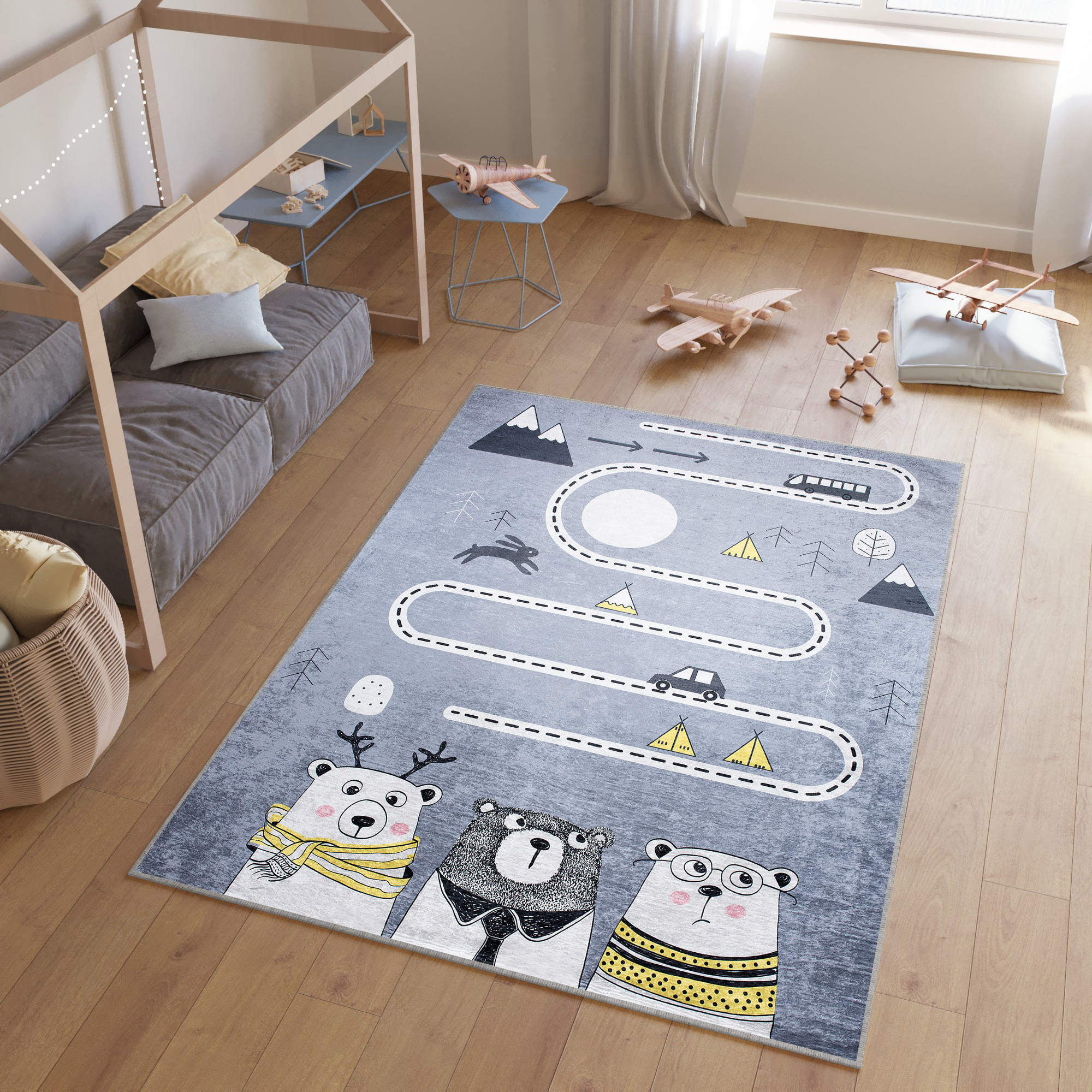 Teppich Emma Kinderzimmer Grau Bär Straße Rutschfest