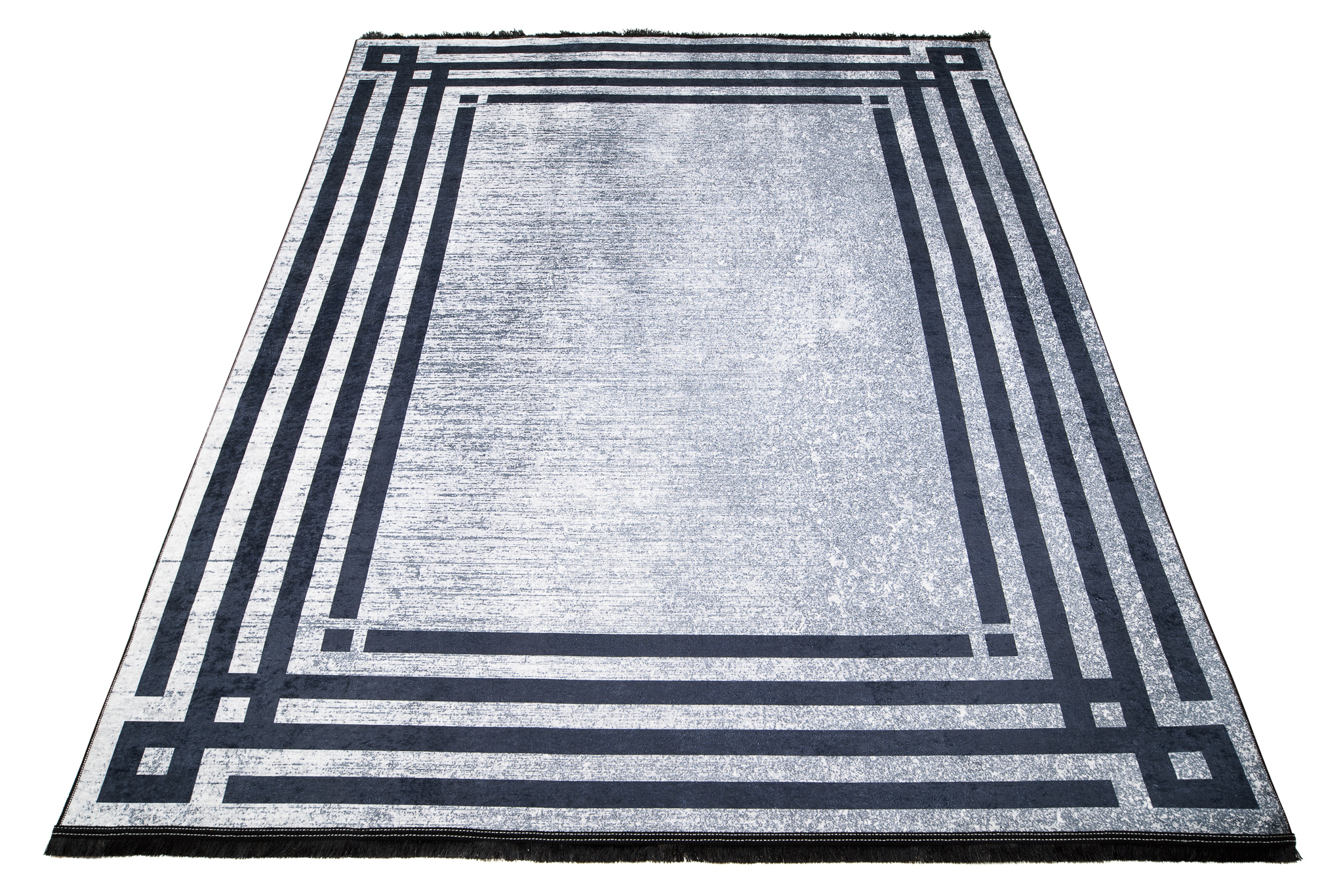 Teppich Toscana Fransen Grau Blau Rahmen