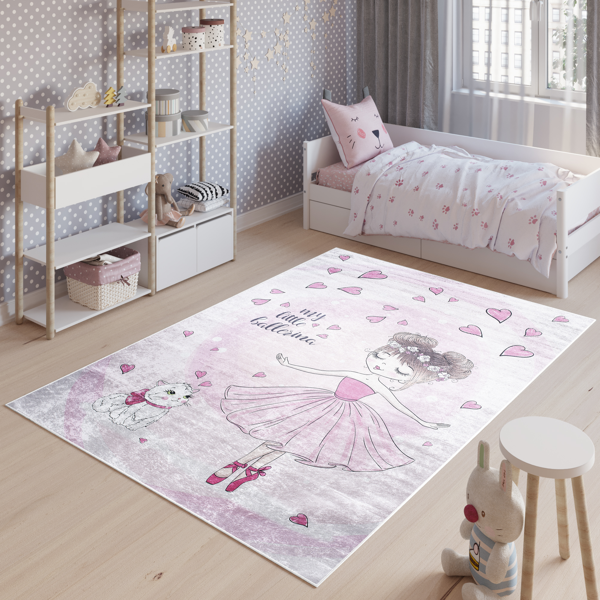 Teppich Emma Kinderzimmer Rosa Ballerina Katze Rutschfest