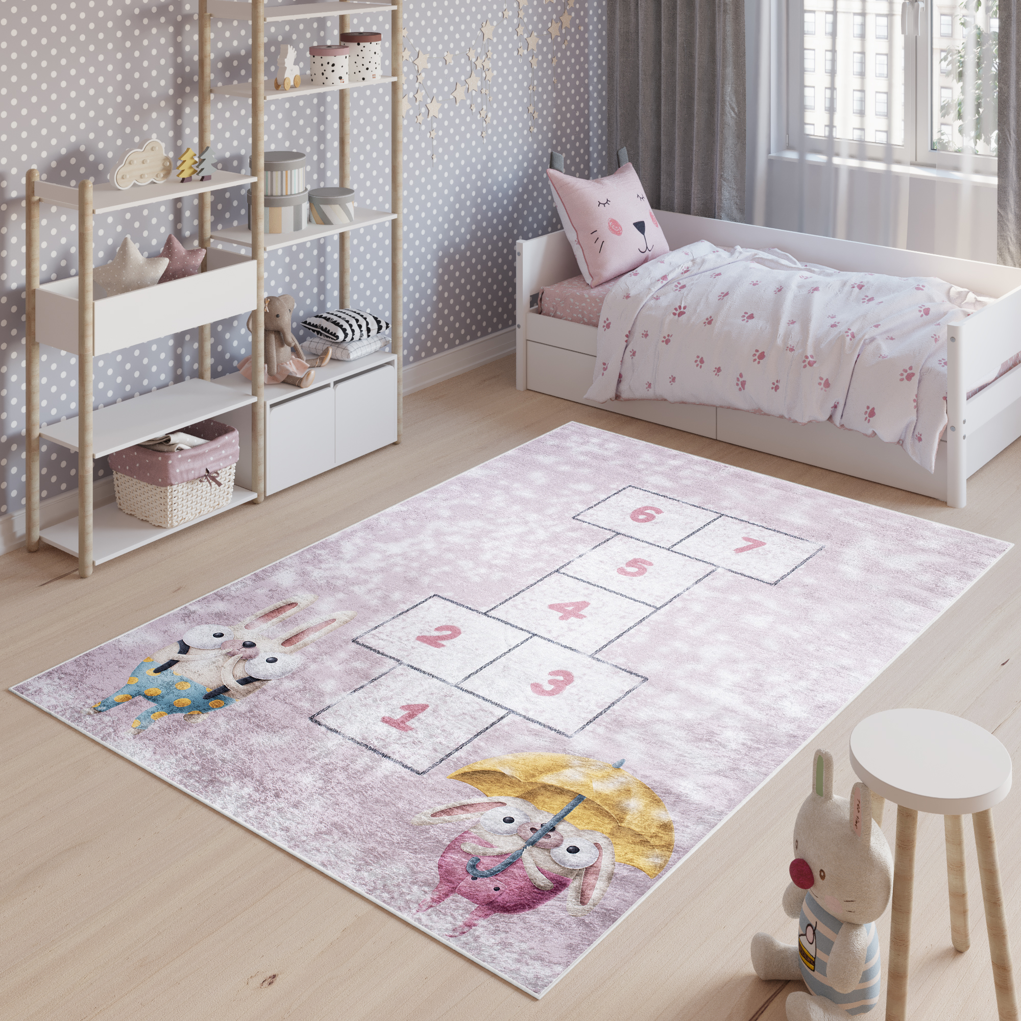 Teppich Emma Kinderzimmer Rosa Hasen Himmel und Hölle