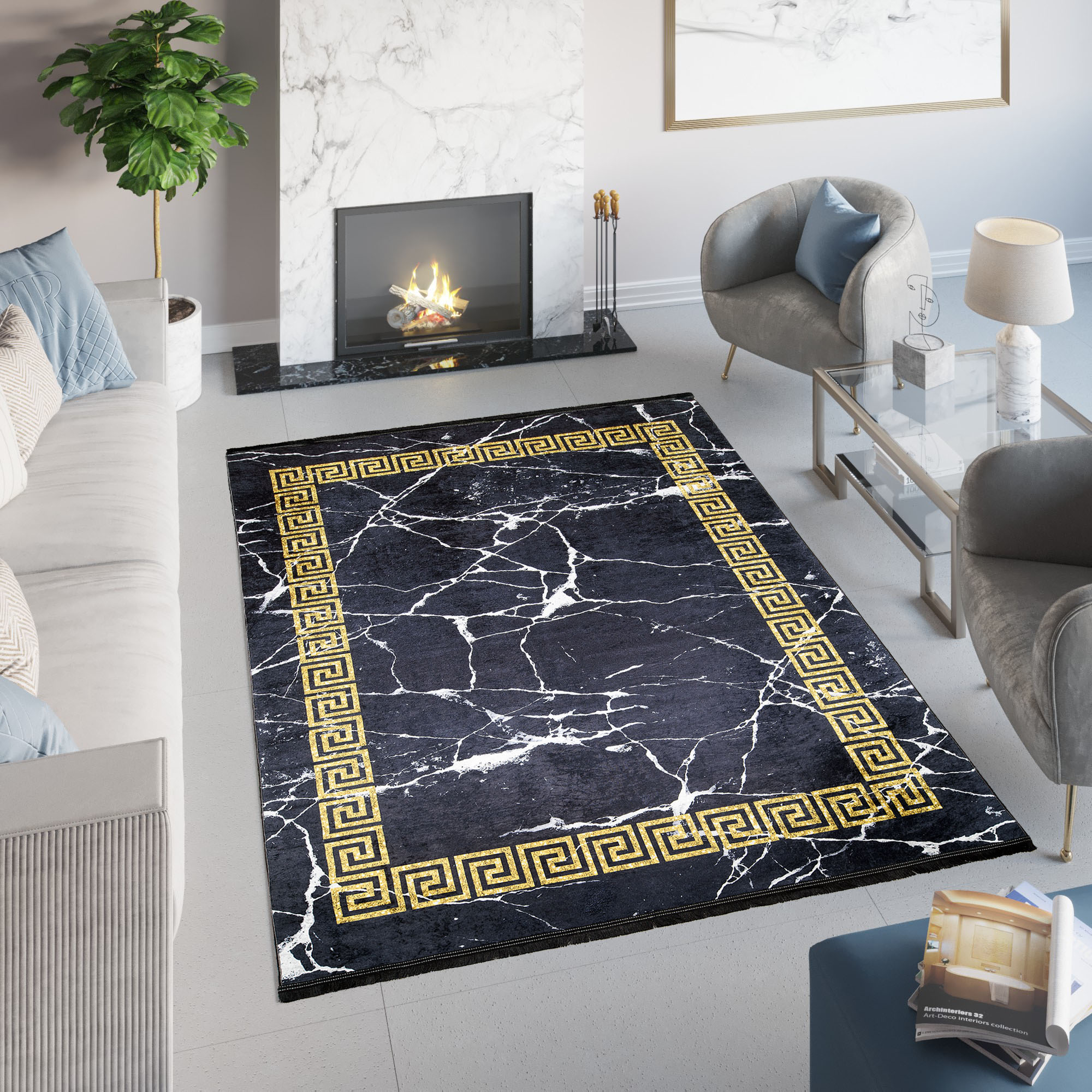 Teppich Toscana Fransen Schwarz Gold Rahmen