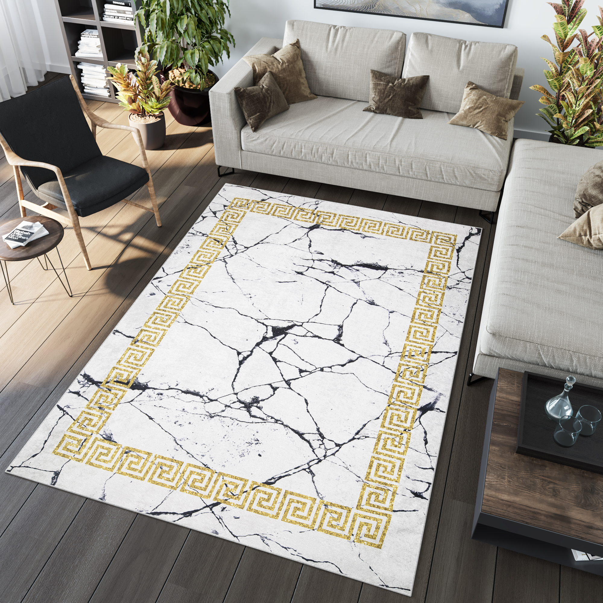 Teppich Toscana Grau Marmor Goldrahmen Rutschfest