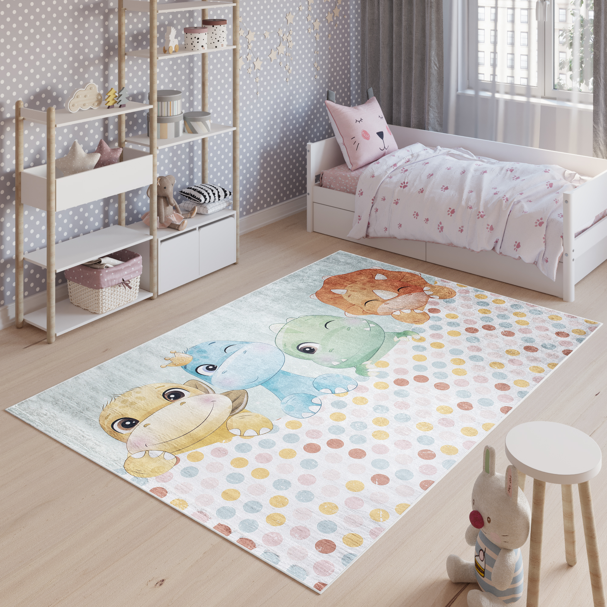 Teppich Emma Kinderzimmer Bunt Dinosaurier Rutschfest
