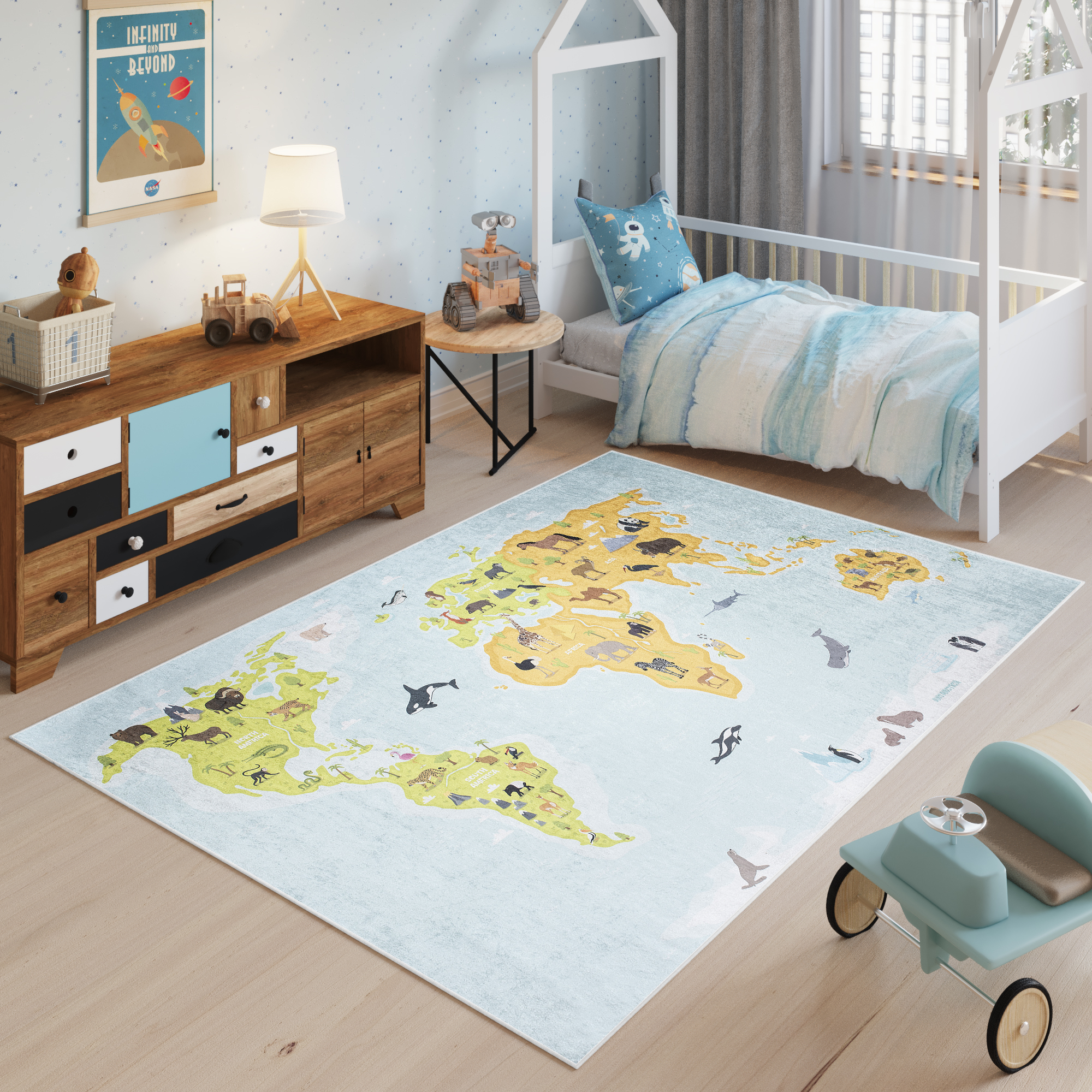 Teppich Emma Kinderzimmer Weltkarte Bunt Rutschfest