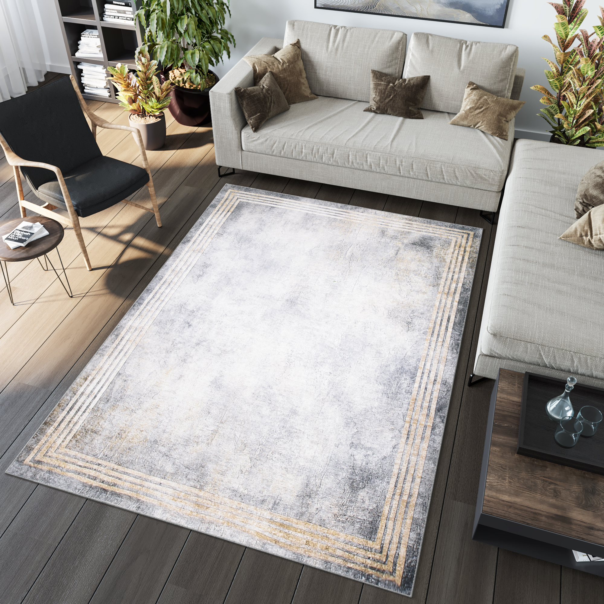 Teppich Toscana Meliert Grau Gold Rahmen