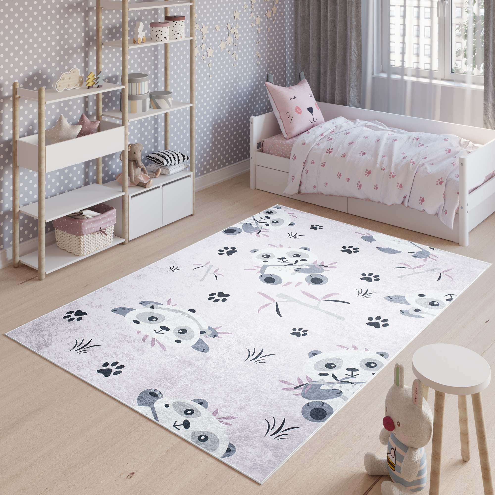 Teppich Emma Rutschfest Waschbar Rosa Grau Panda