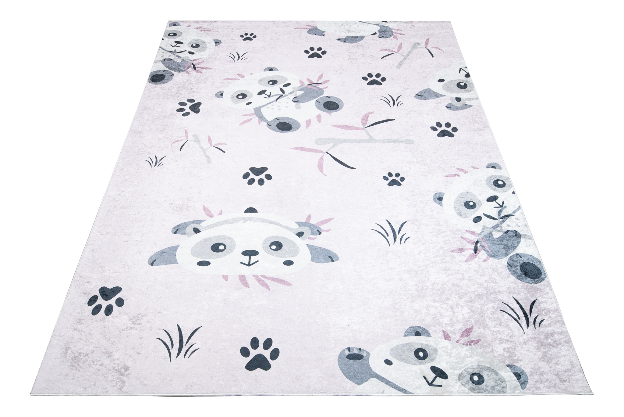 Teppich Emma Rutschfest Waschbar Rosa Grau Panda