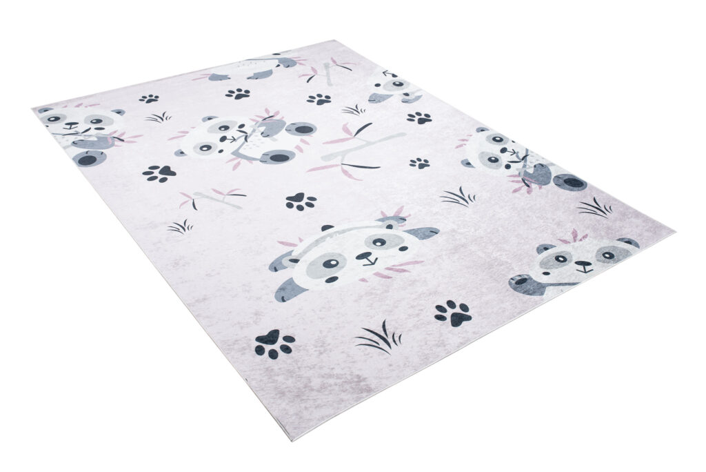 Teppich Emma Rutschfest Waschbar Rosa Grau Panda