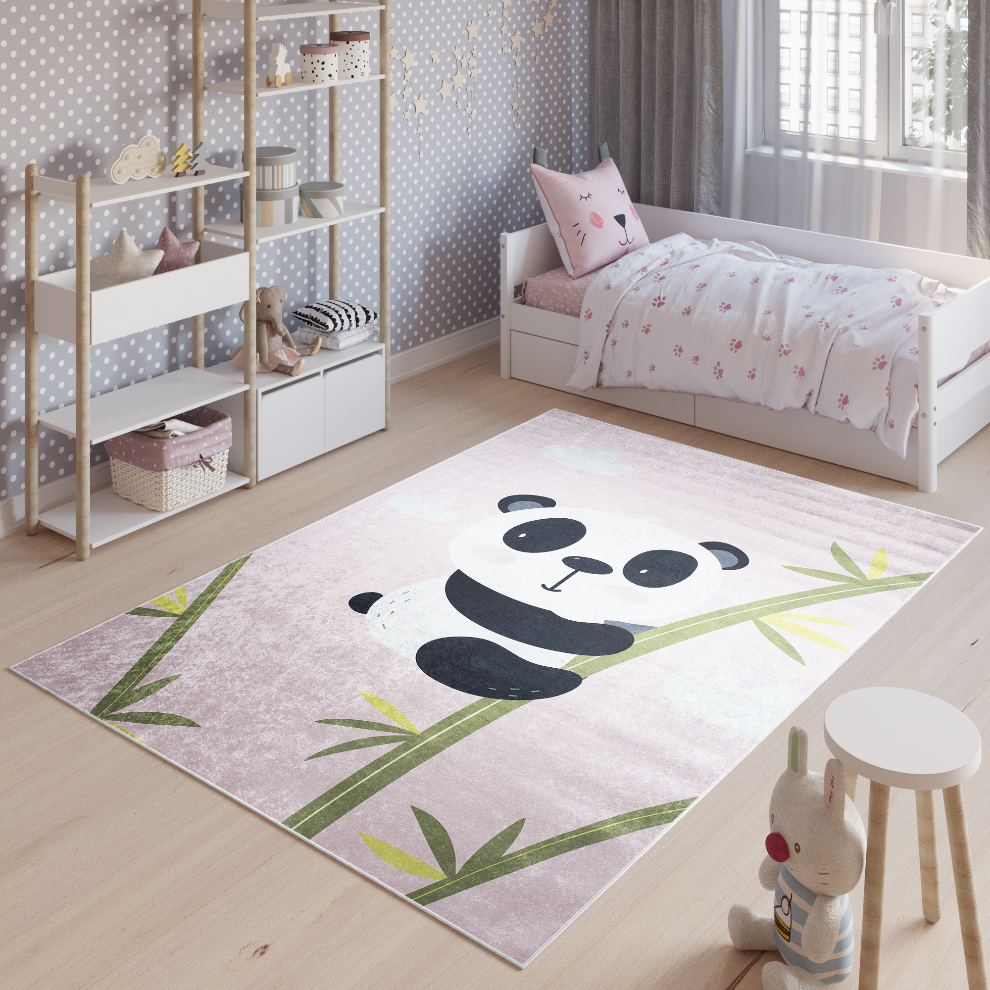 Teppich Emma Rutschfest Waschbar Rosa Panda Bambus