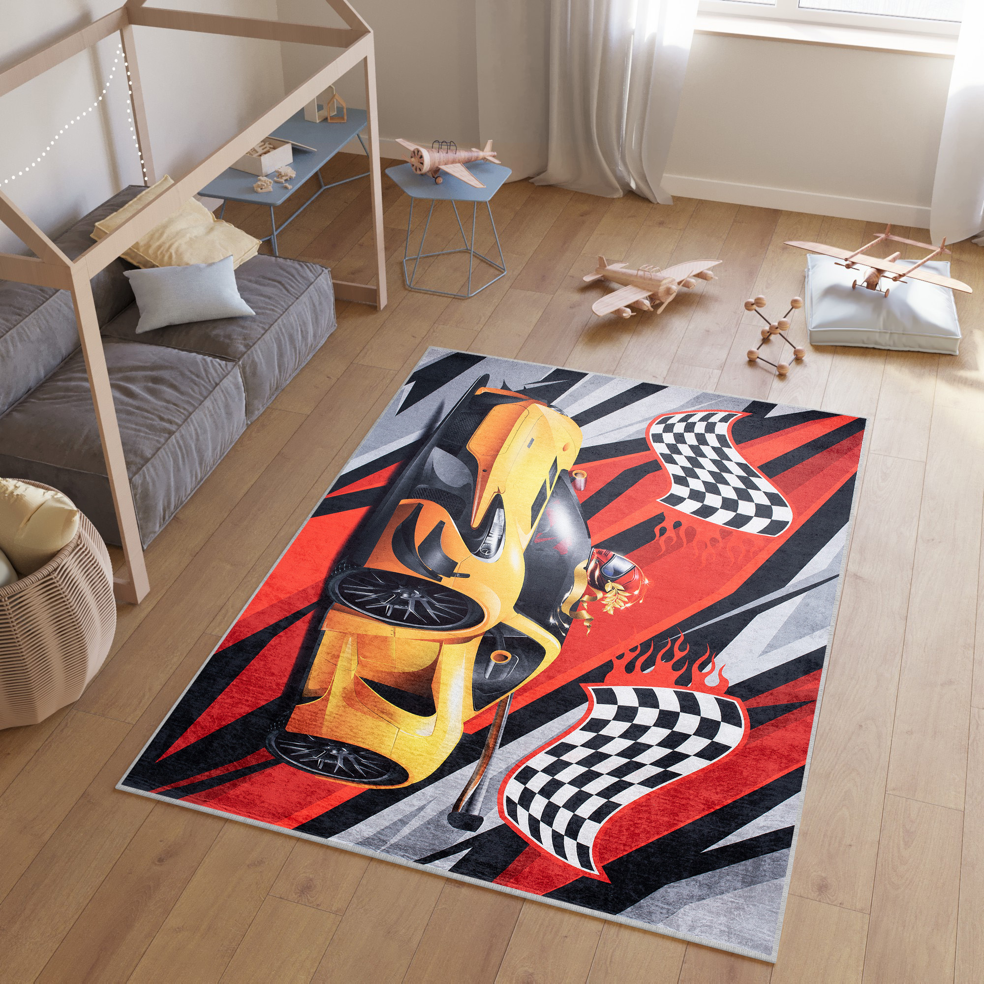 Teppich Emma Kinderzimmer Schwarz Rot Rennauto Rutschfest