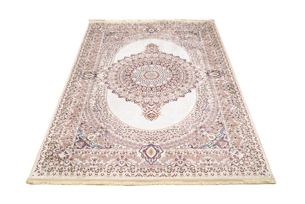 Teppich Victoria Fransen Creme Bunte Rosette