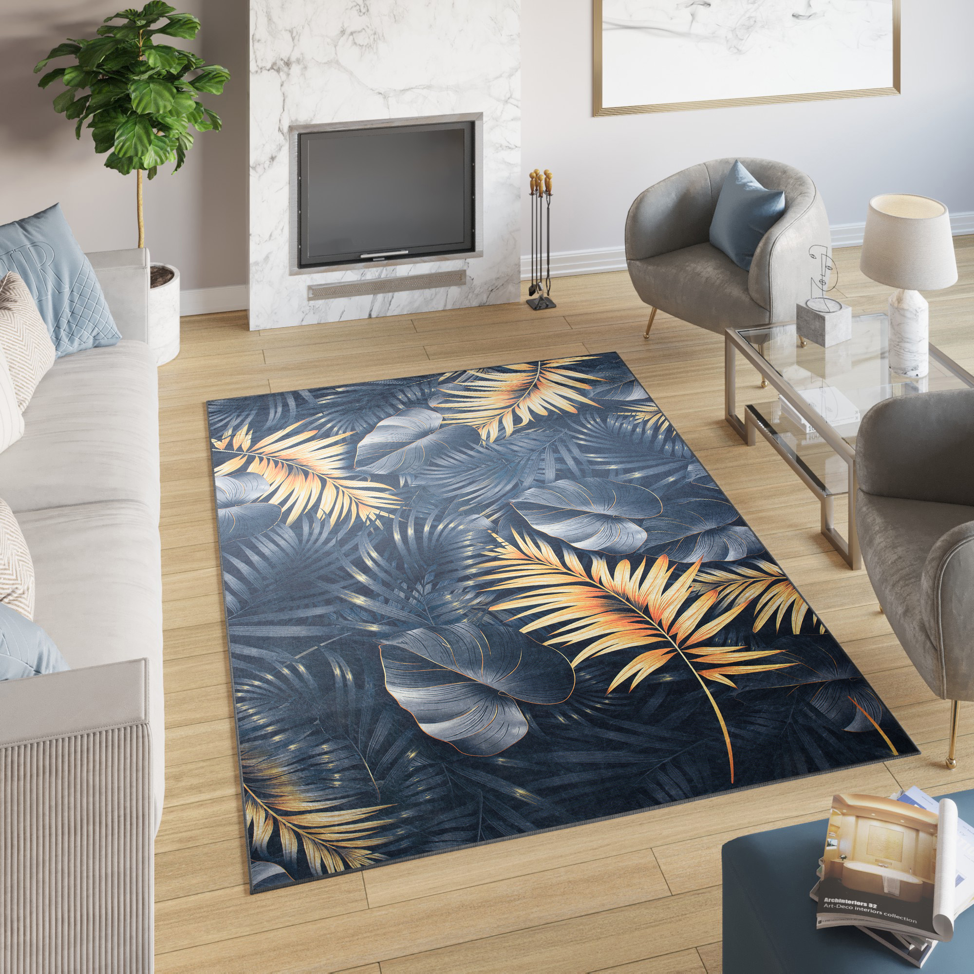 Teppich Toscana Dunkelblau Gelb Jungle Blätter