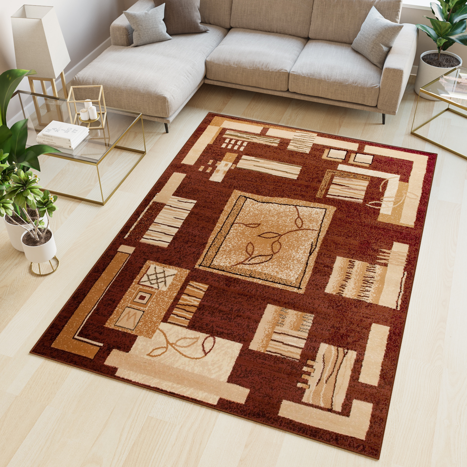 Teppich Atlas Braun Beige Geometrisch Blätter