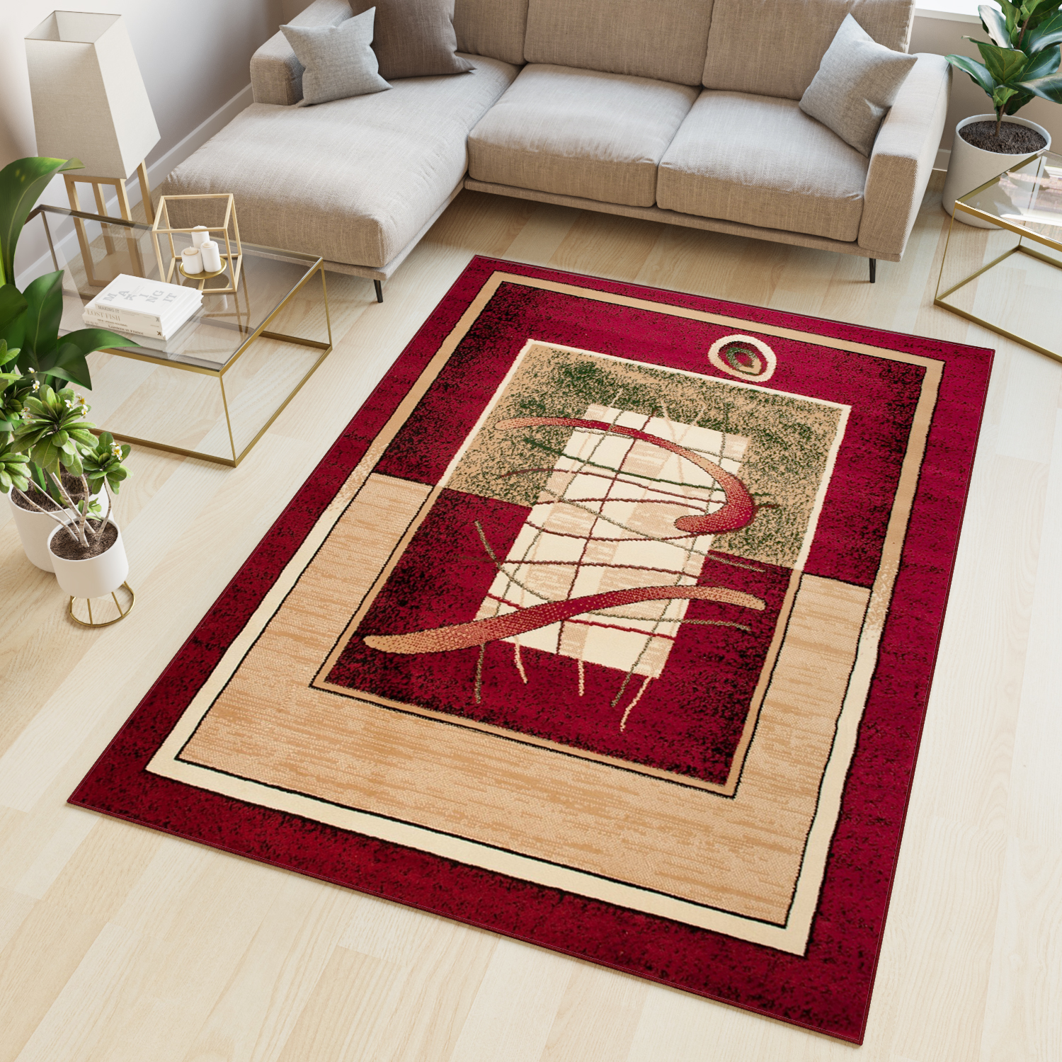 Teppich Atlas Rot Beige Abstrakt Rahmen