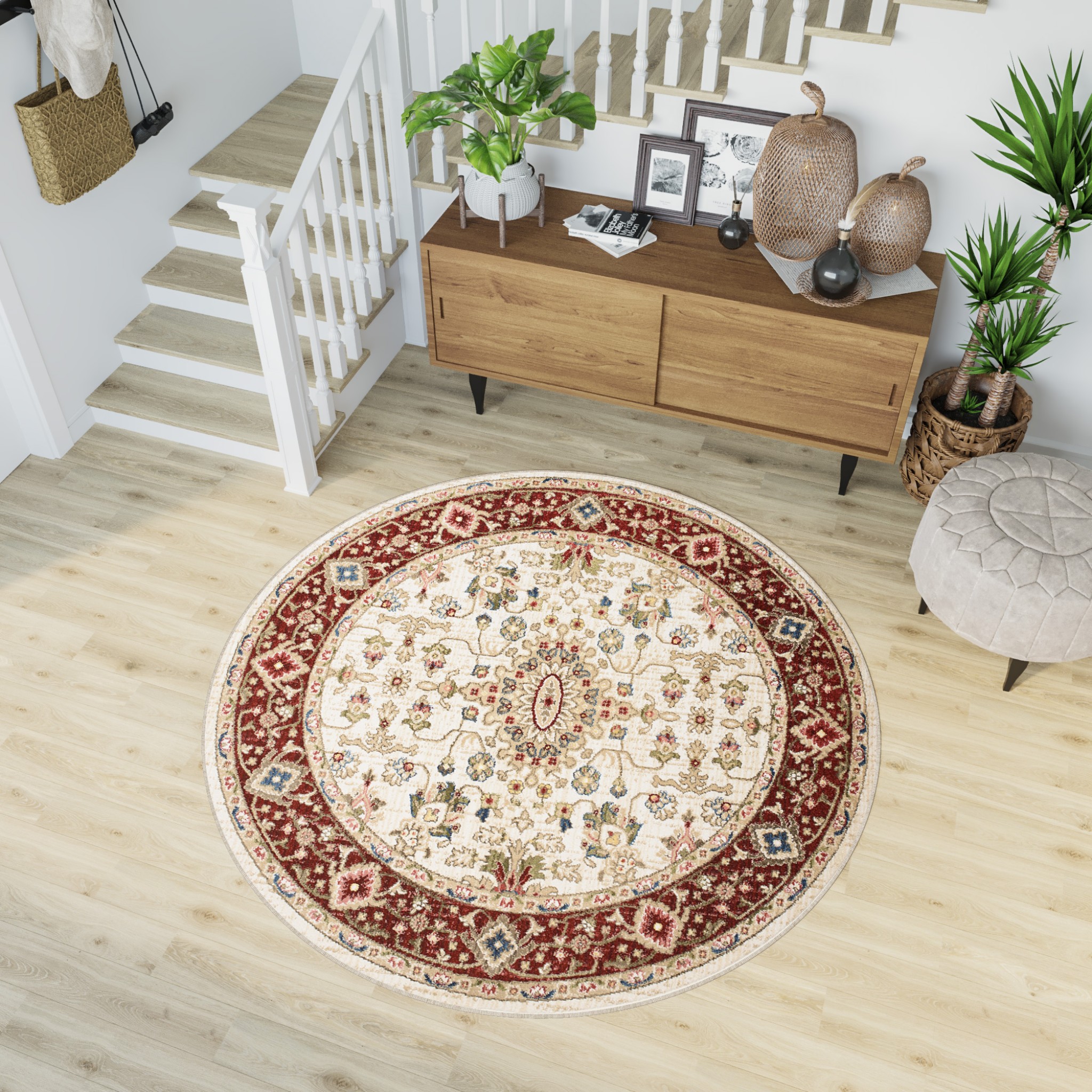 Teppich Rivoli Rund Creme Rot Ornament