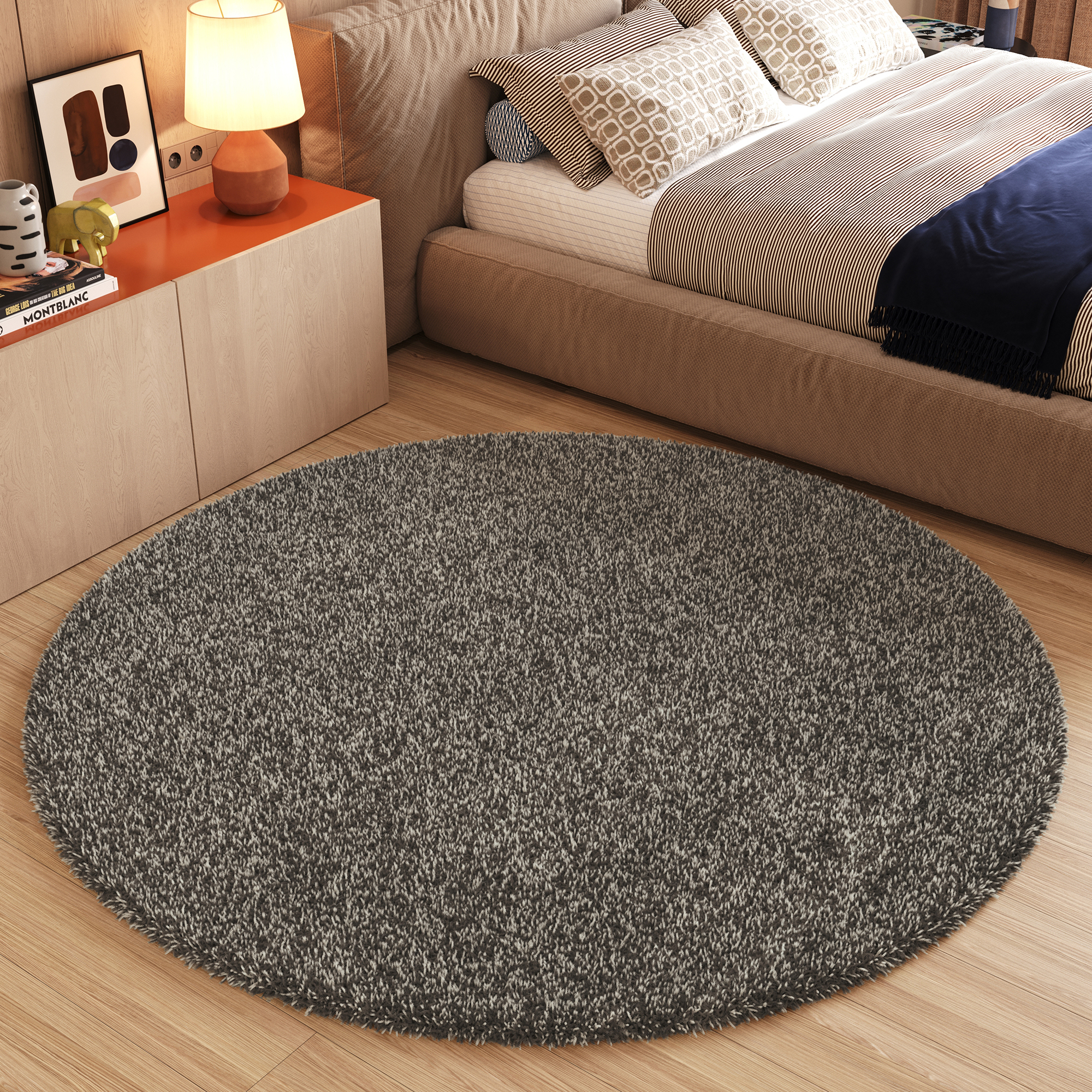 Teppich Essence Rund Shaggy Taupe Grau Melange