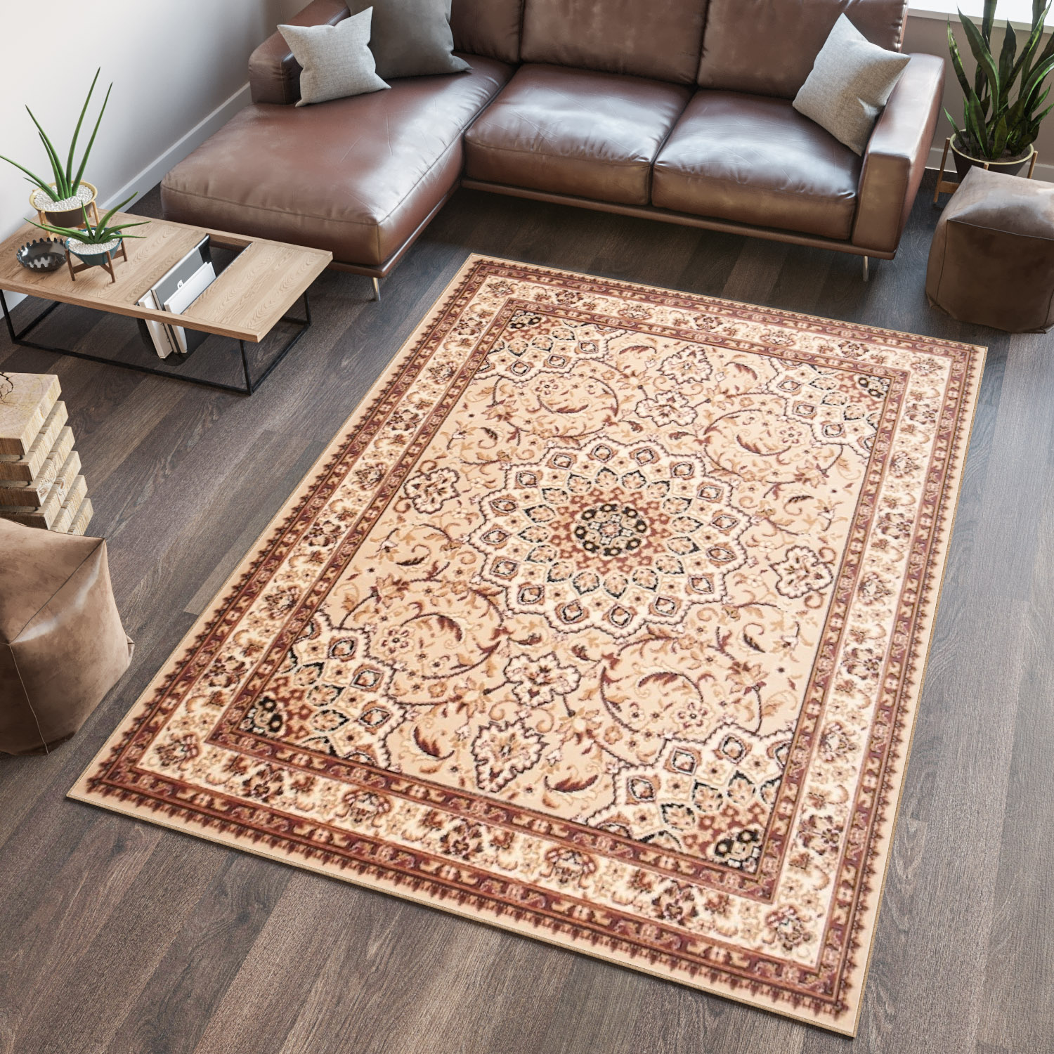 Teppich Atlas Beige Traditionell Rosette Rahmen