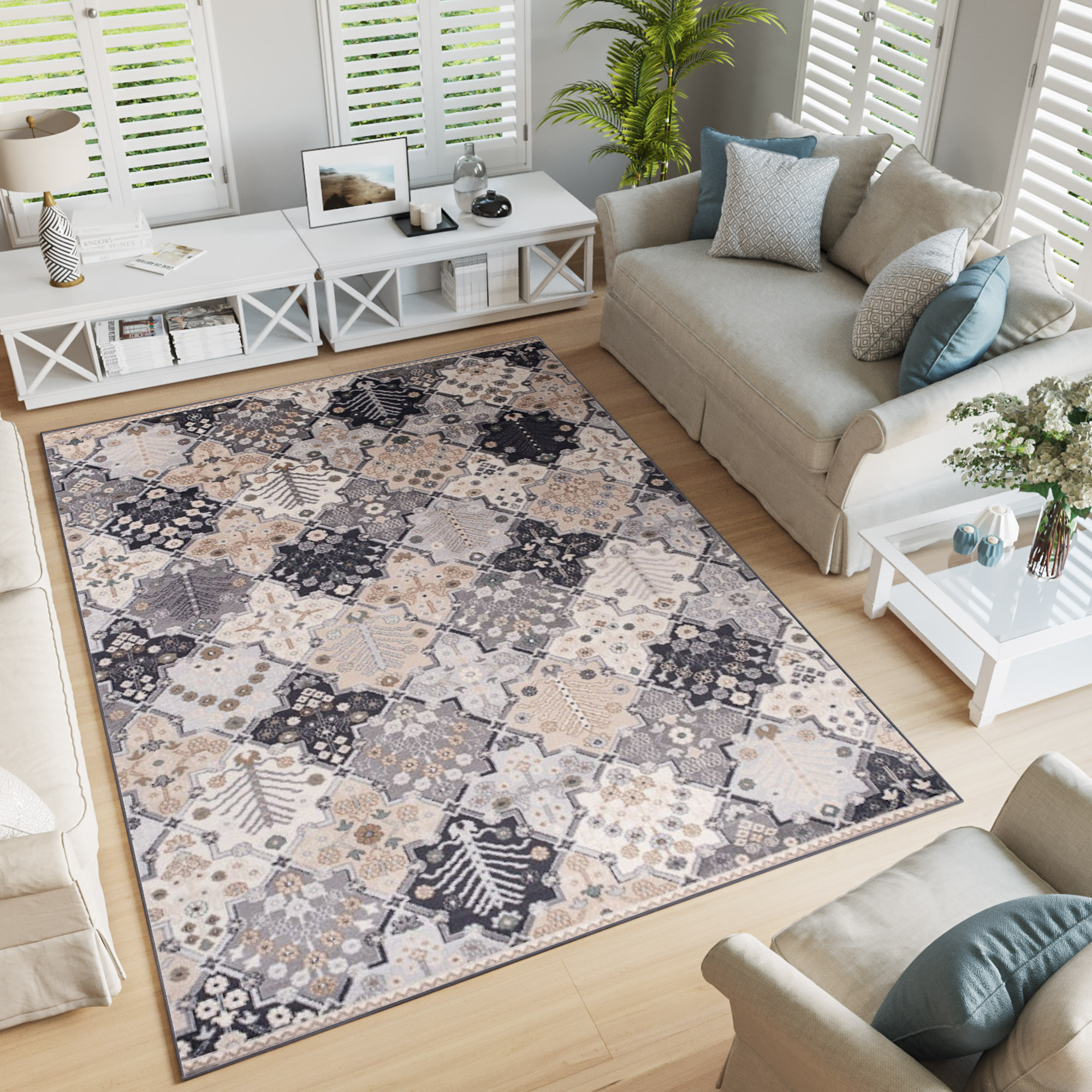 Teppich Colorado Grau Beige Mosaik Vintage