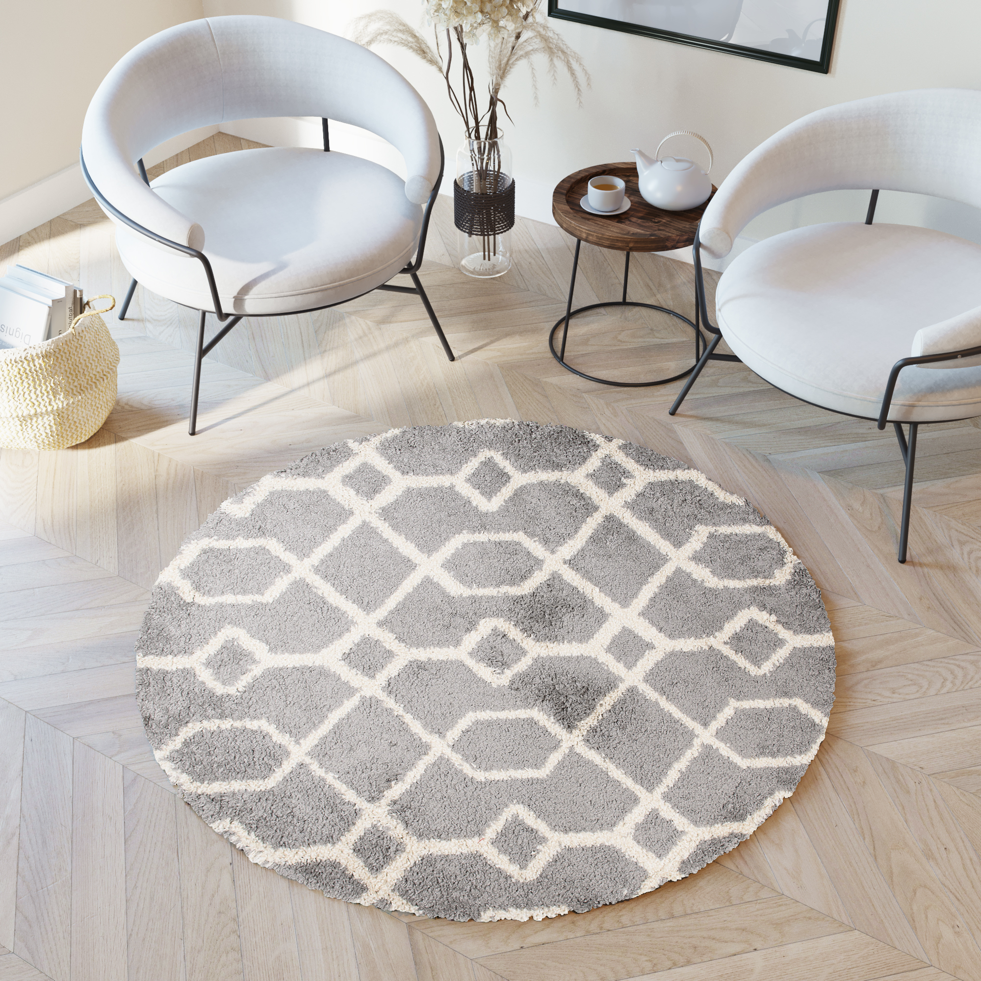 Teppich Boho Rund Grau Geometrisch Shaggy