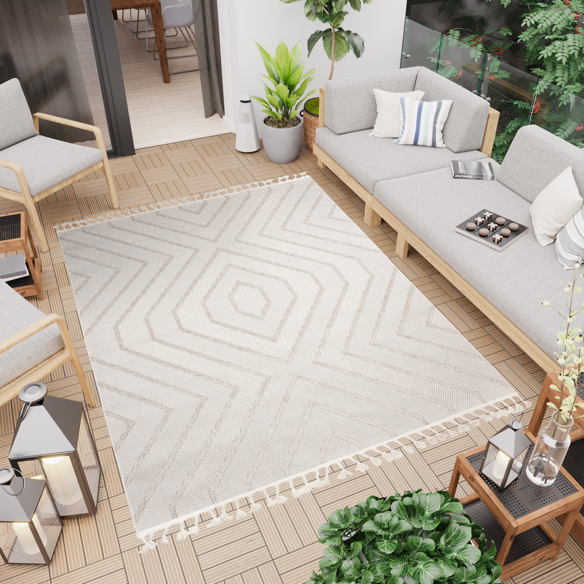 Teppich Timber Indoor Outdoor Beige Zickzack Fransen