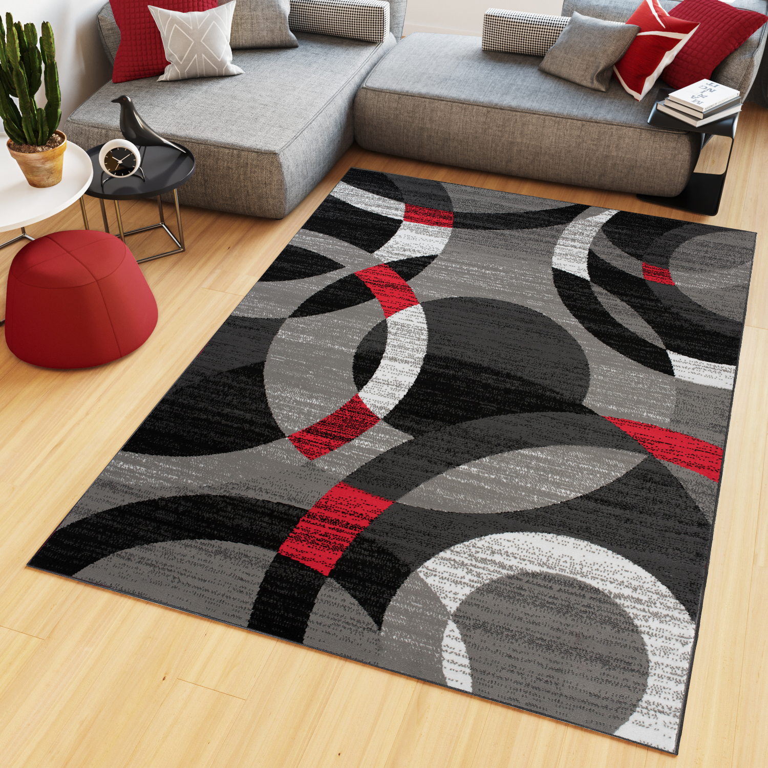 Teppich Maya Grau Rot Geometrisch