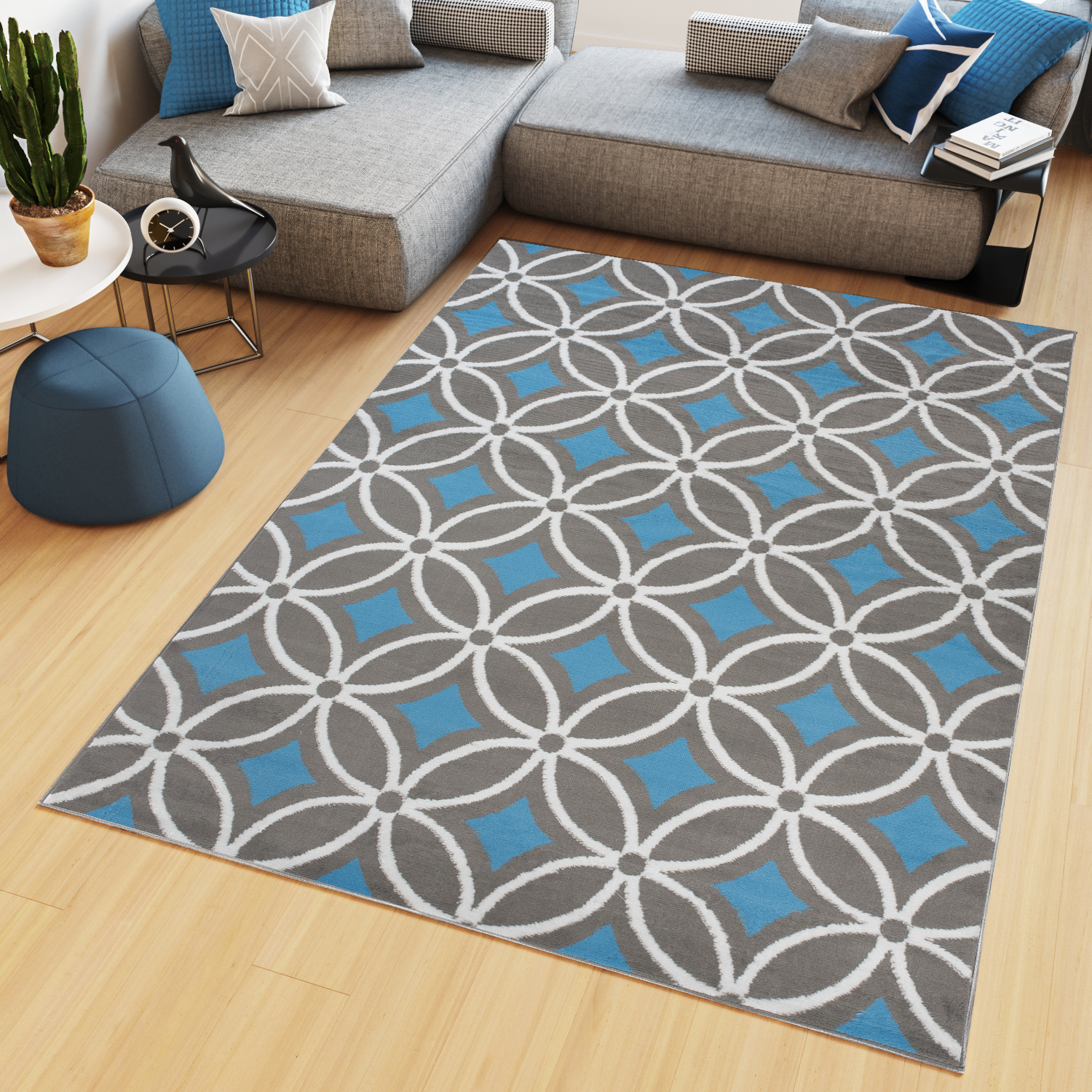 Teppich Maya Grau Blau Geometrisch Mosaik