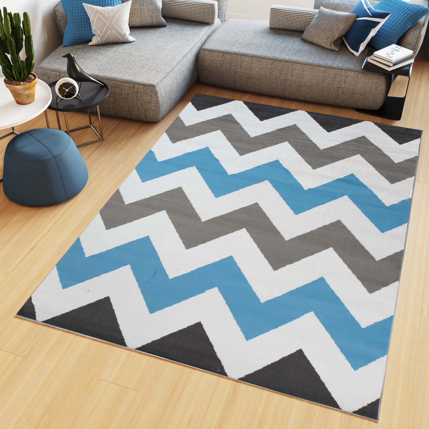 Teppich Maya Grau Blau Geometrisch Zigzags