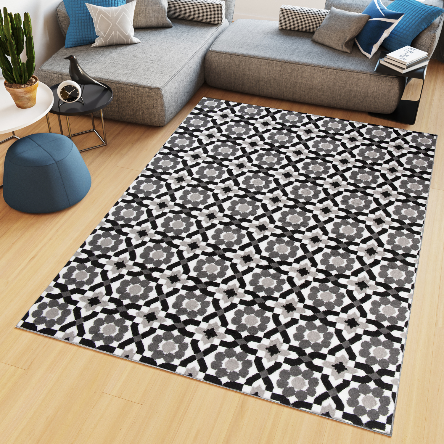 Teppich Maya Grau Blumen Mosaik