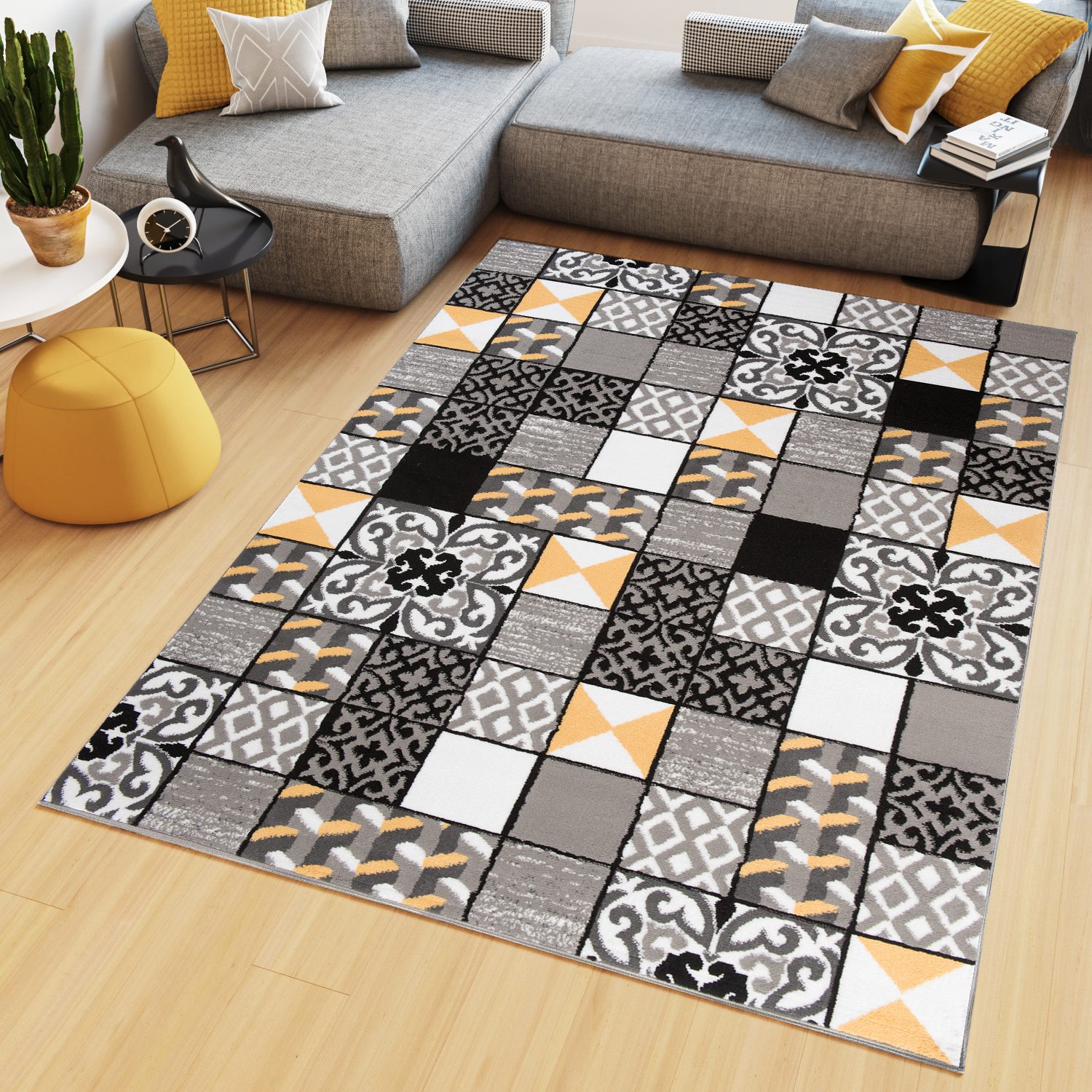 Teppich Maya Grau Gelb Quadrate Mosaik
