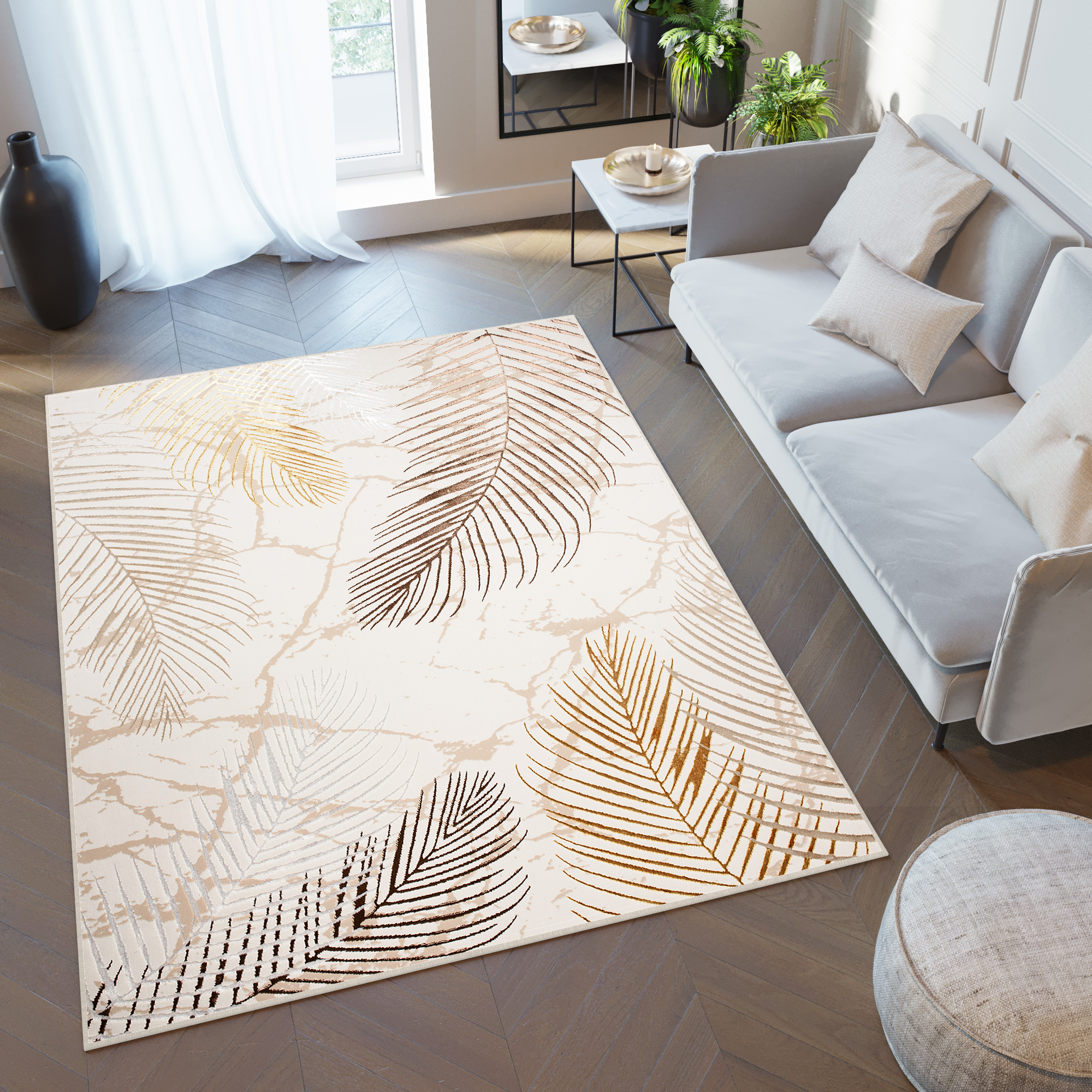 Teppich Golden Creme Gold Braun Blätter
