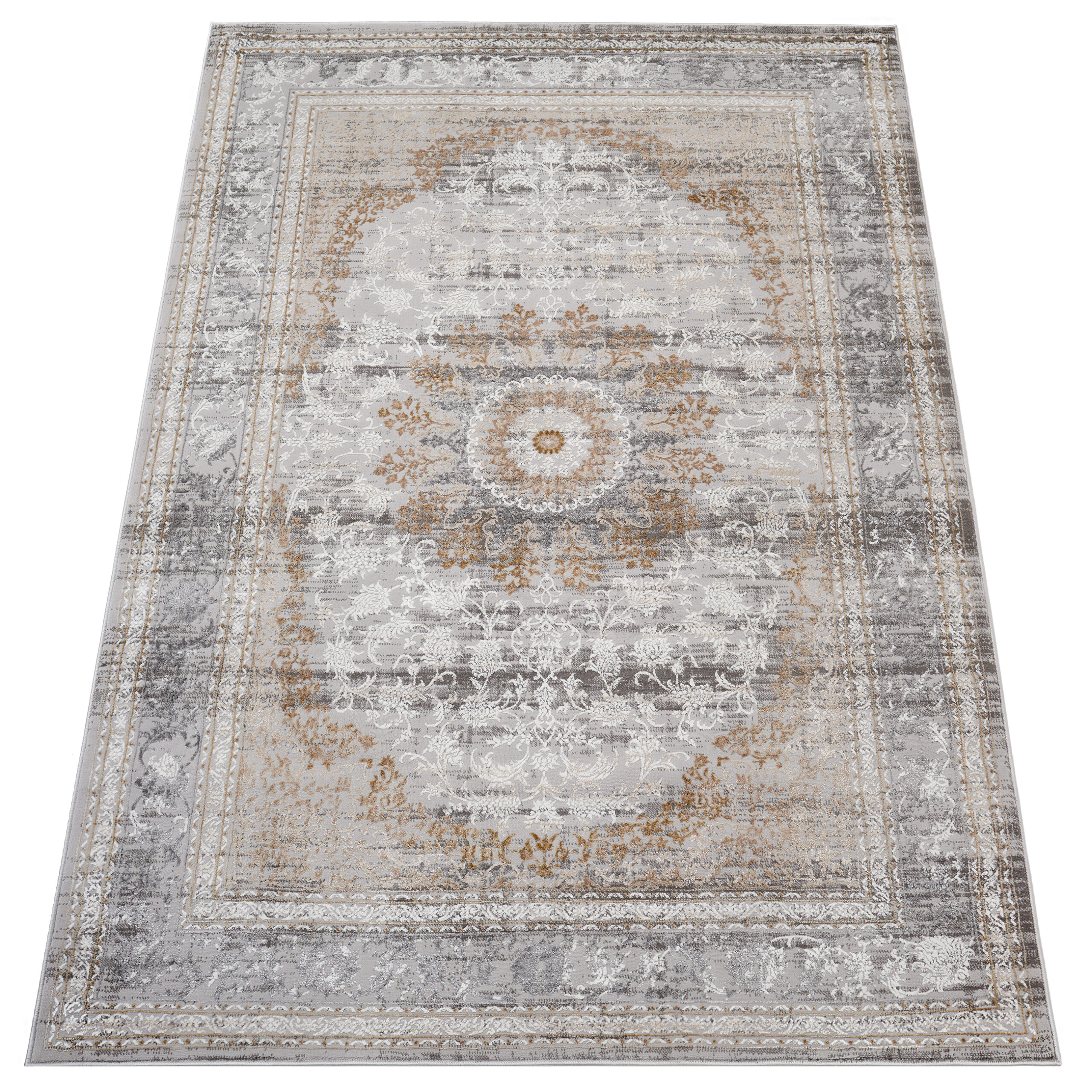 Teppich Hera Grau Beige Creme Rosette 3D-Effekt