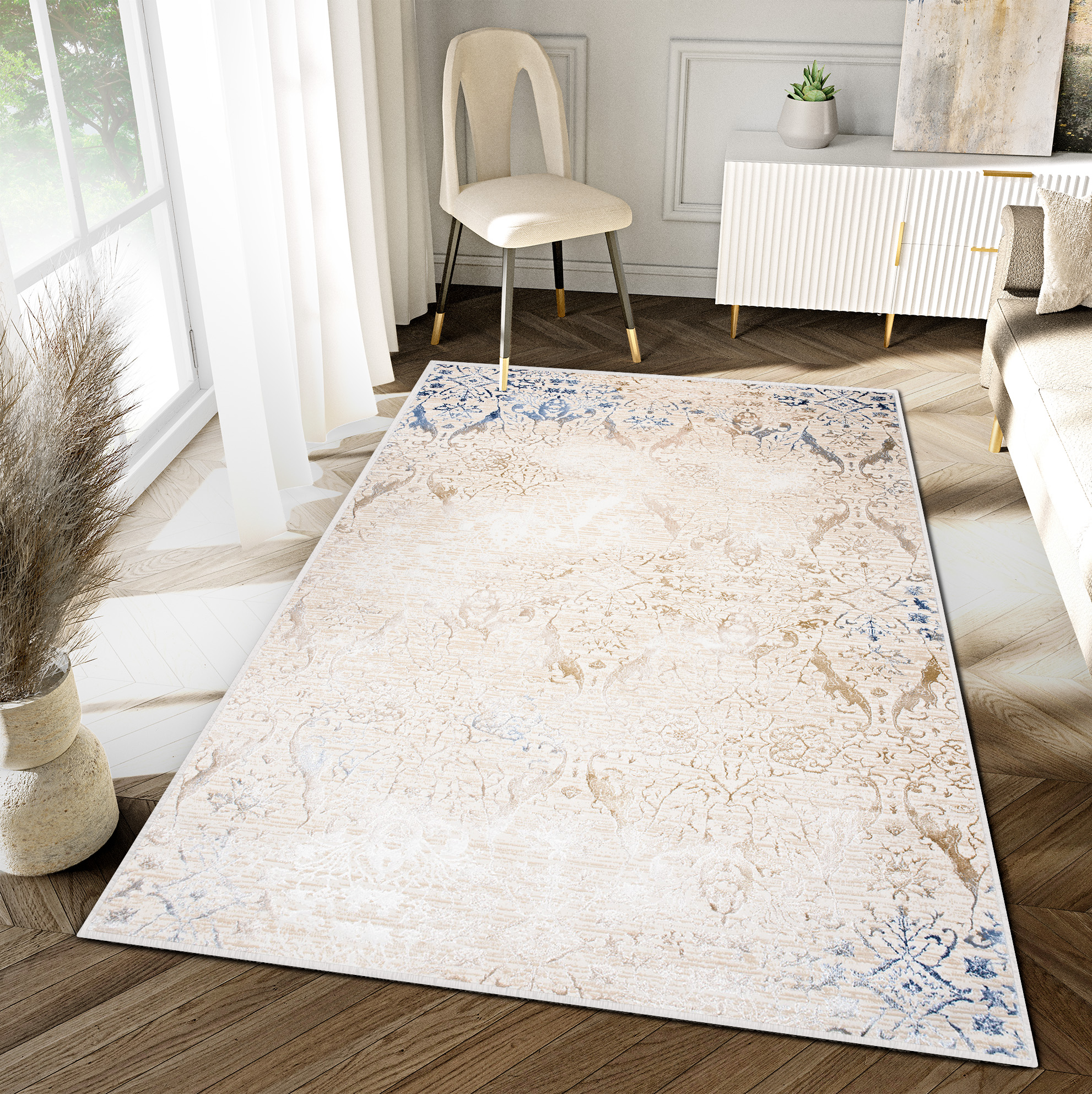 Teppich Hera Creme Beige Blau Ornamente 3D-Effekt