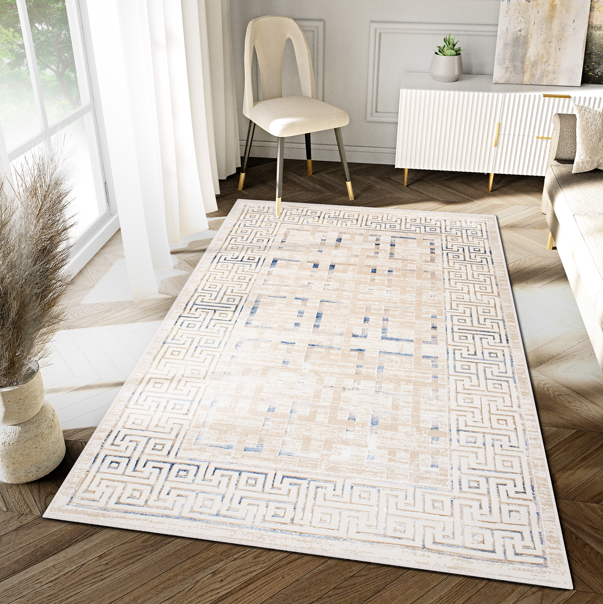 Teppich Hera Creme Beige Blau Geometrisch 3D-Effekt