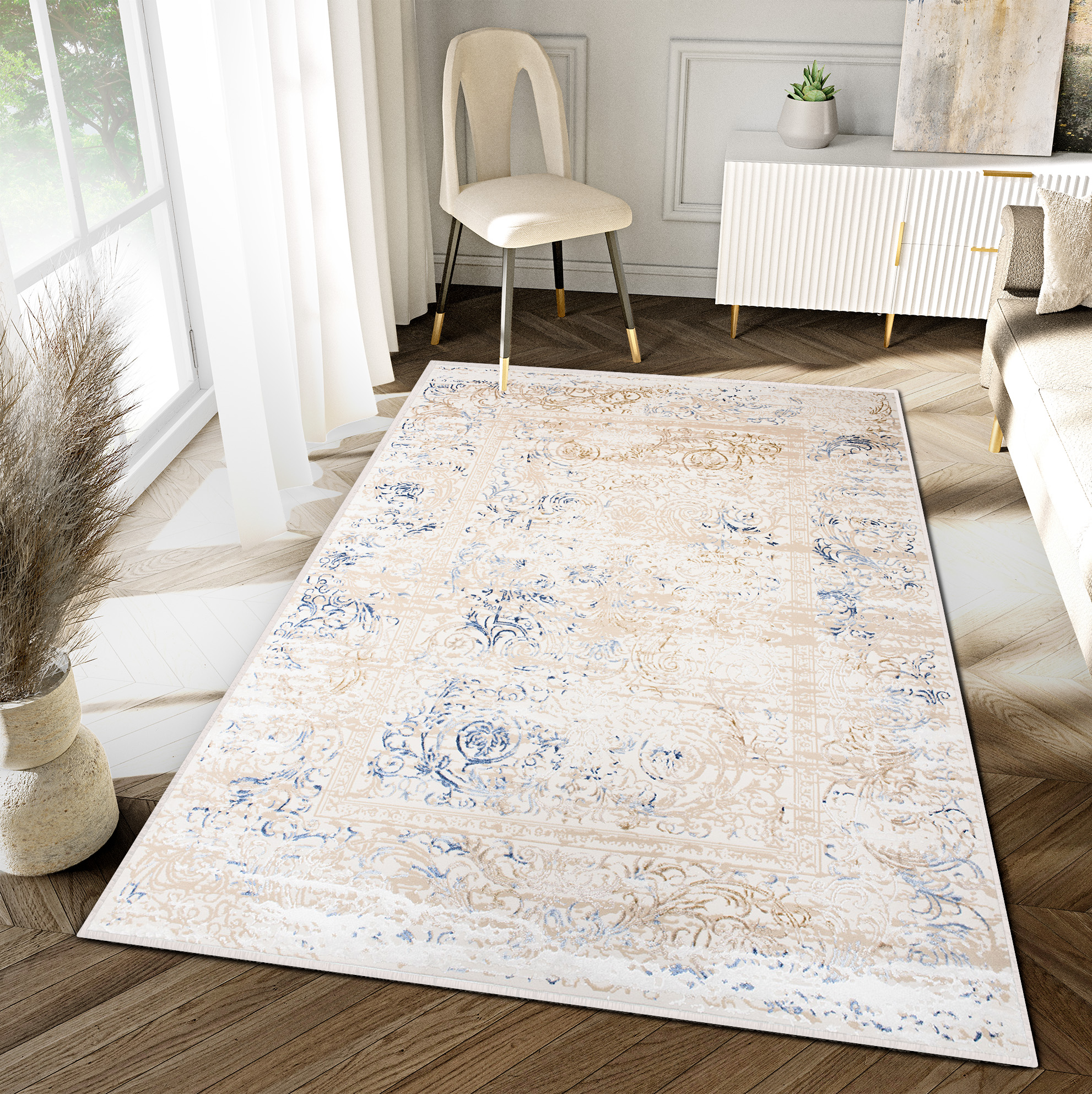 Teppich Hera Creme Beige Blau Klassisch 3D-Effekt
