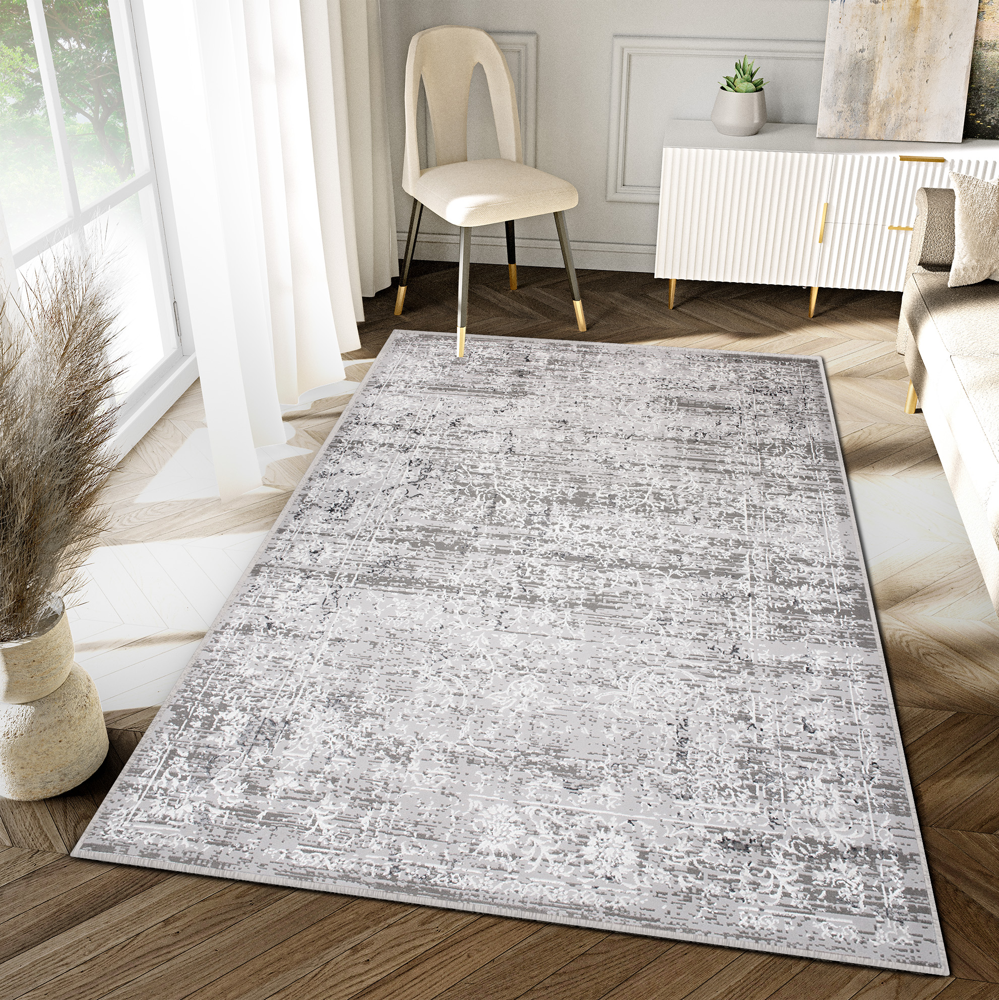Teppich Hera Dunkel Grau Creme Ornamente 3D-Effekt