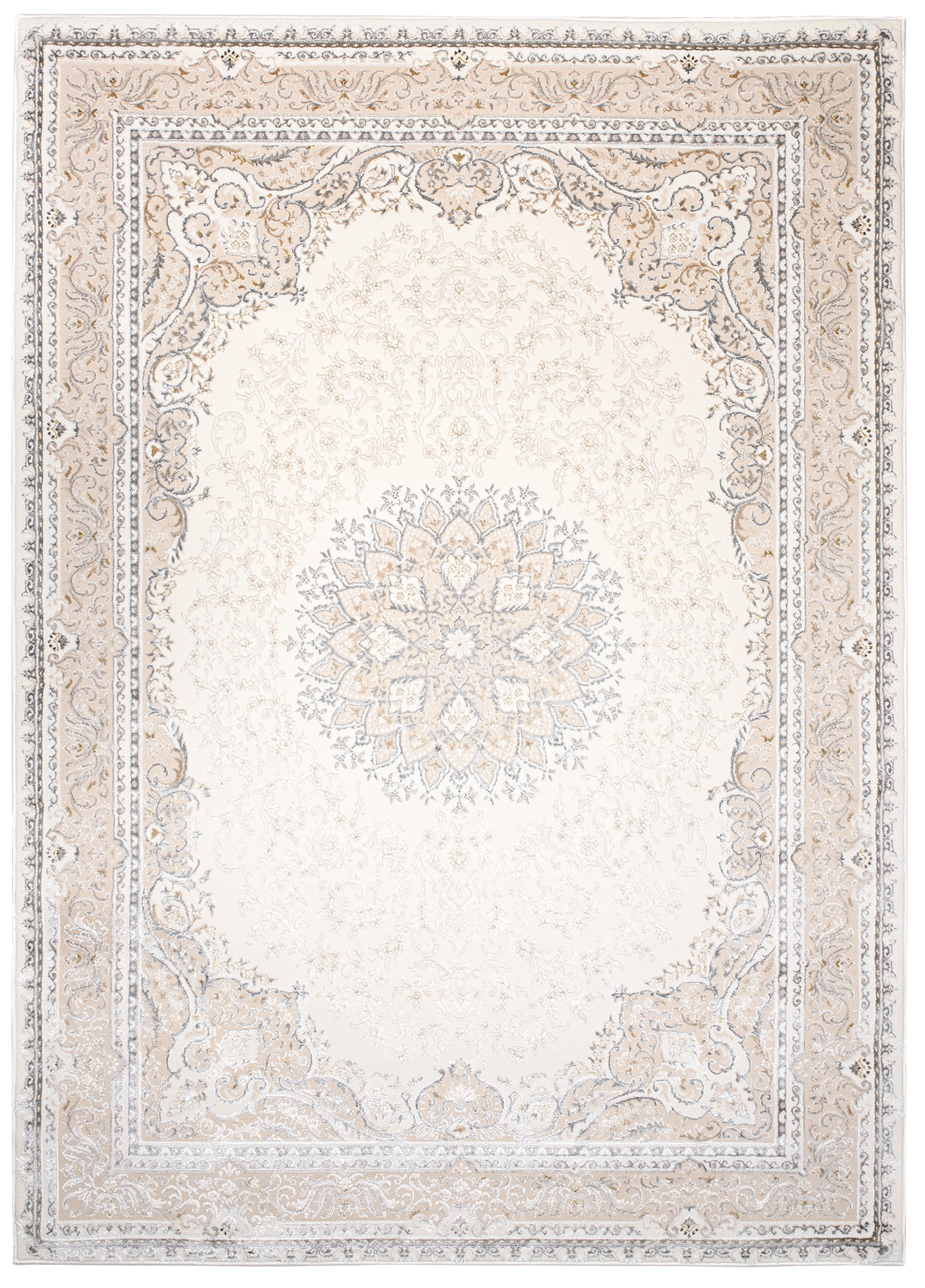 Teppich Hera Creme Beige Grau Vintage Medaillon 3D-Effekt