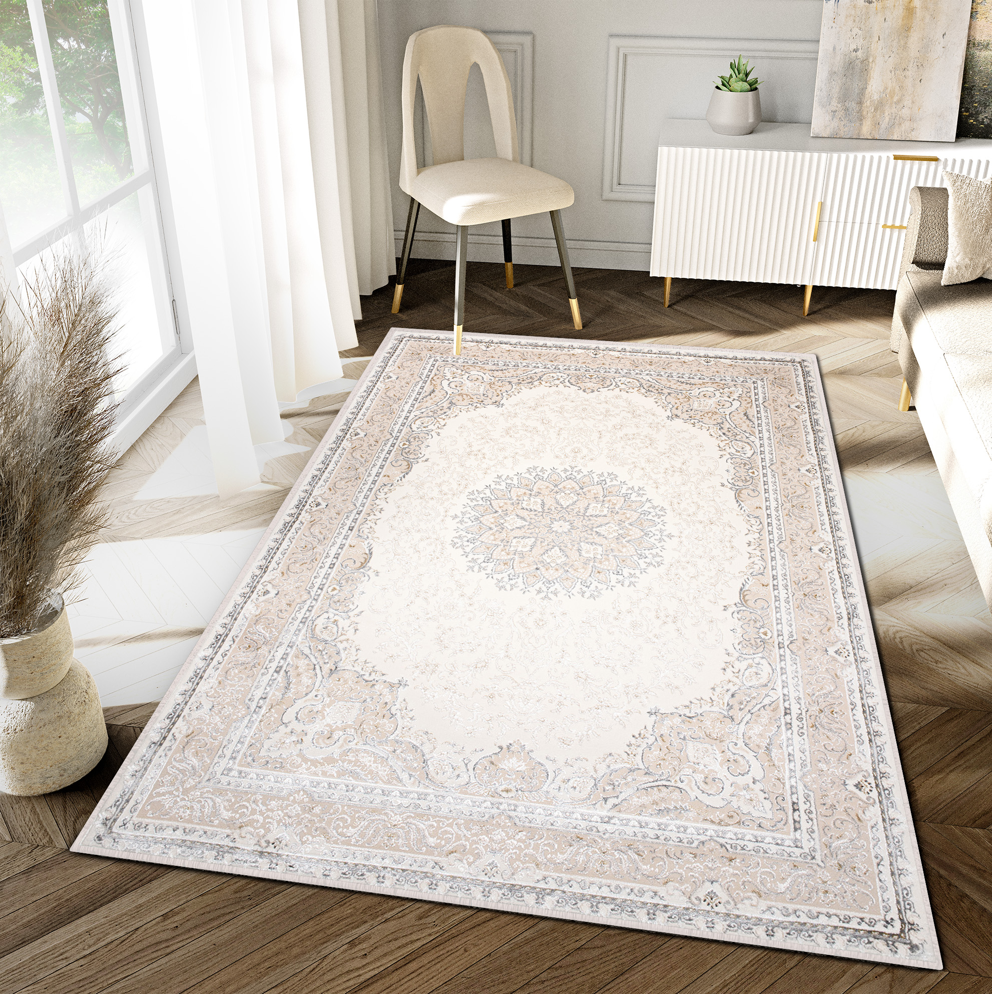 Teppich Hera Creme Beige Grau Vintage Medaillon 3D-Effekt