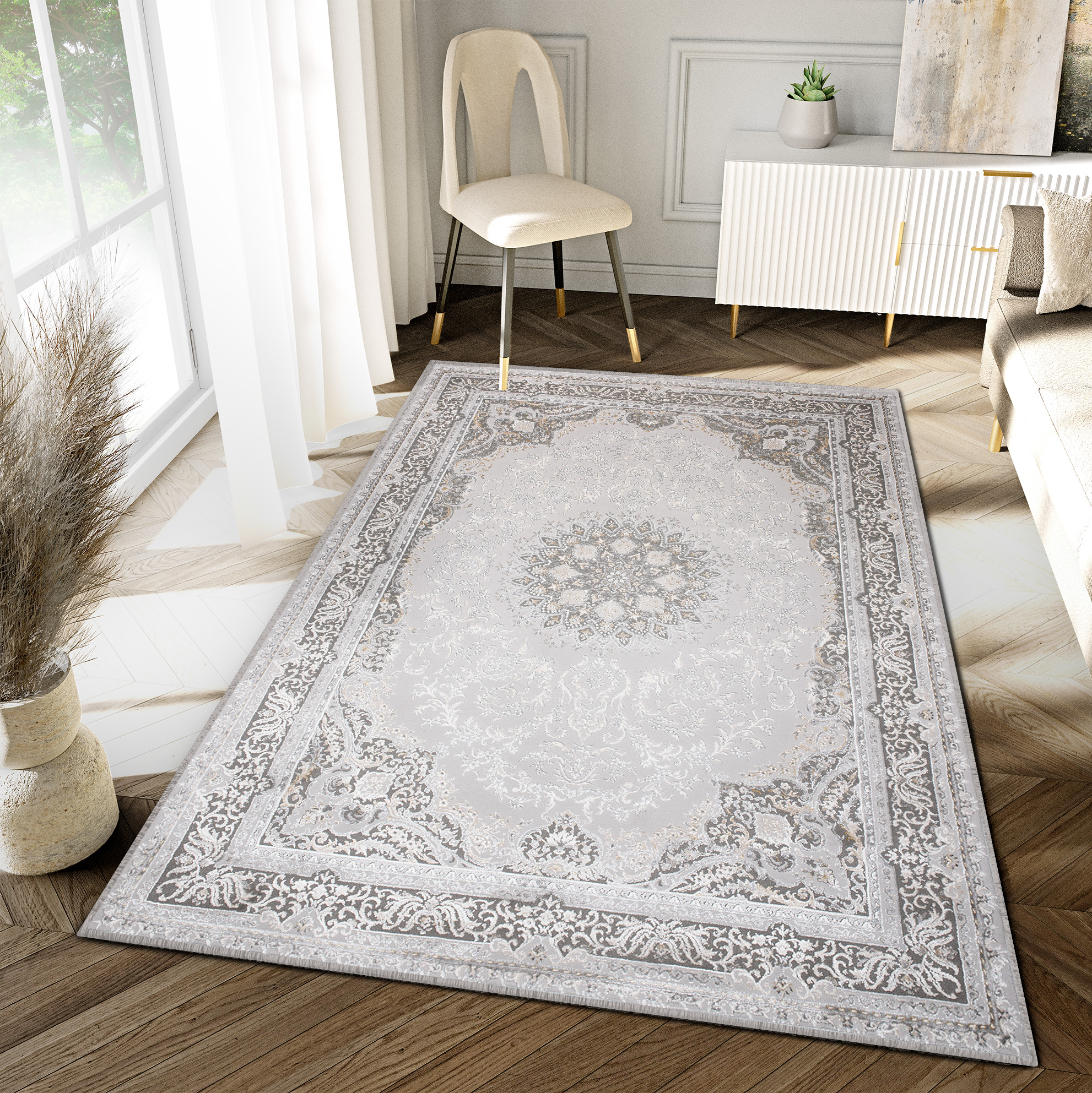 Teppich Hera Grau Beige Creme Klassisch 3D-Effekt