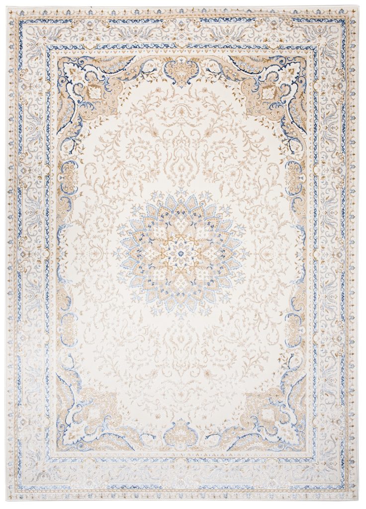 Teppich Hera Creme Beige Blau Medaillon 3D-Effekt